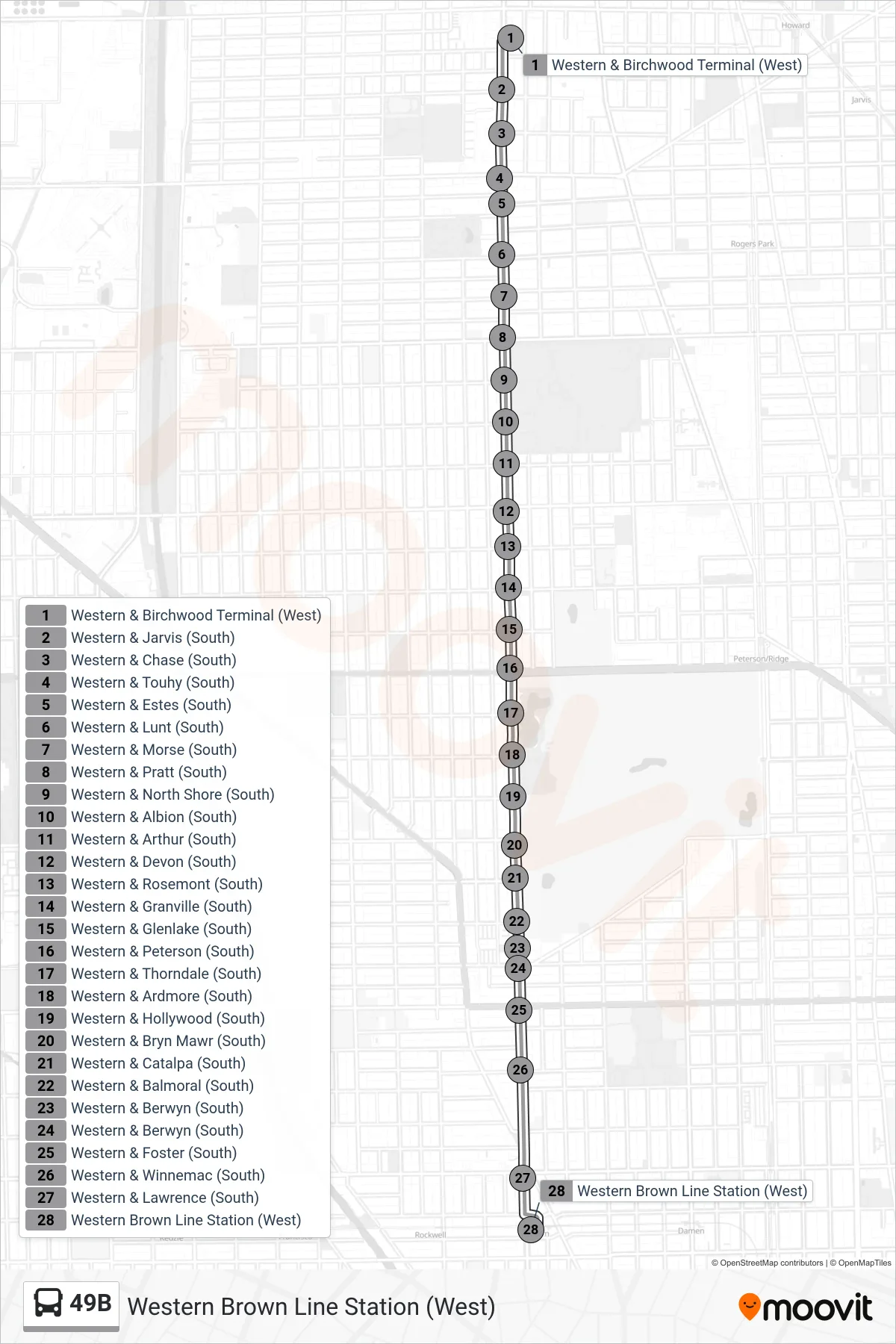 49B bus Line (Western Brown Line Station (West)) route and stops on a map
