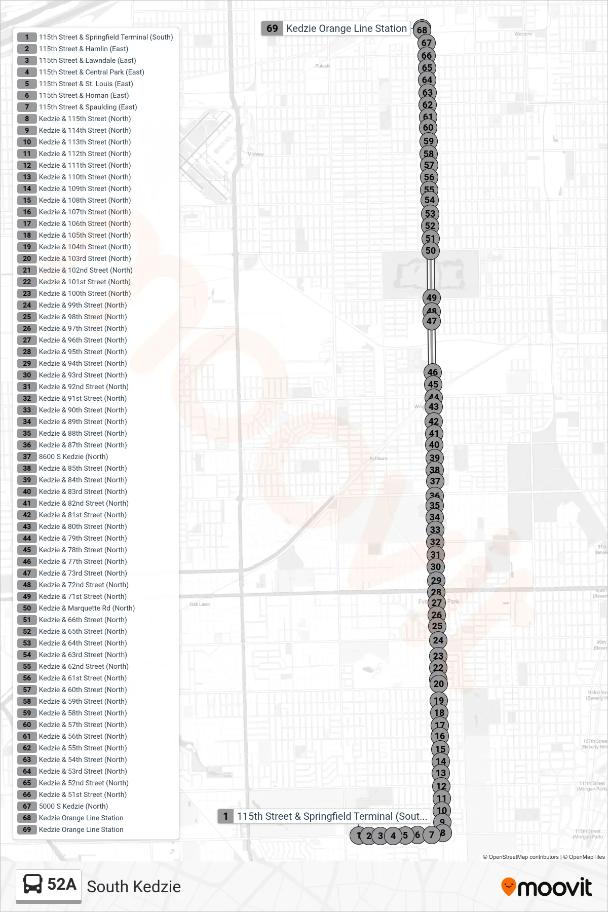 52A bus Line (Kedzie Orange Line Station (Ne)) route and stops on a map