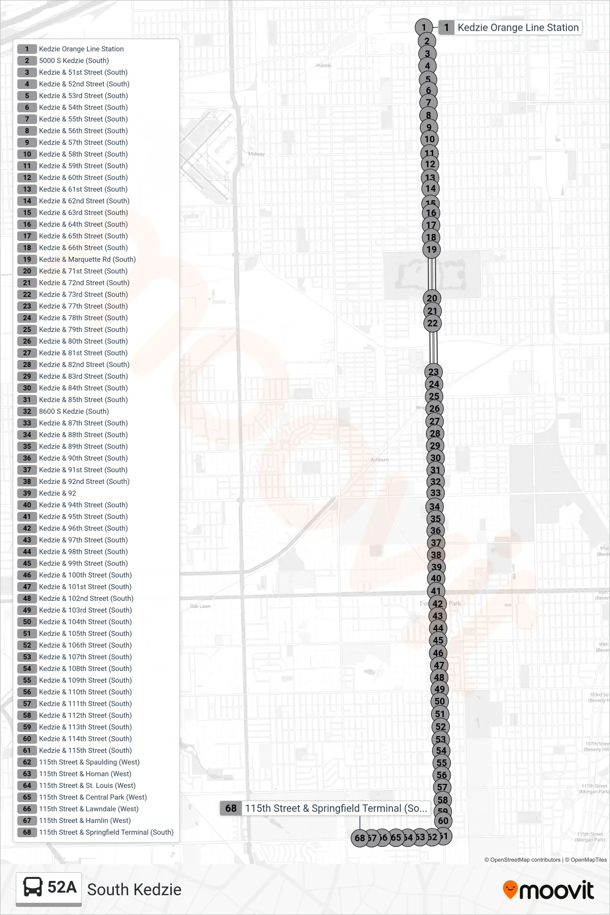52A bus Line (115th Street & Springfield Terminal (South)) route and stops on a map