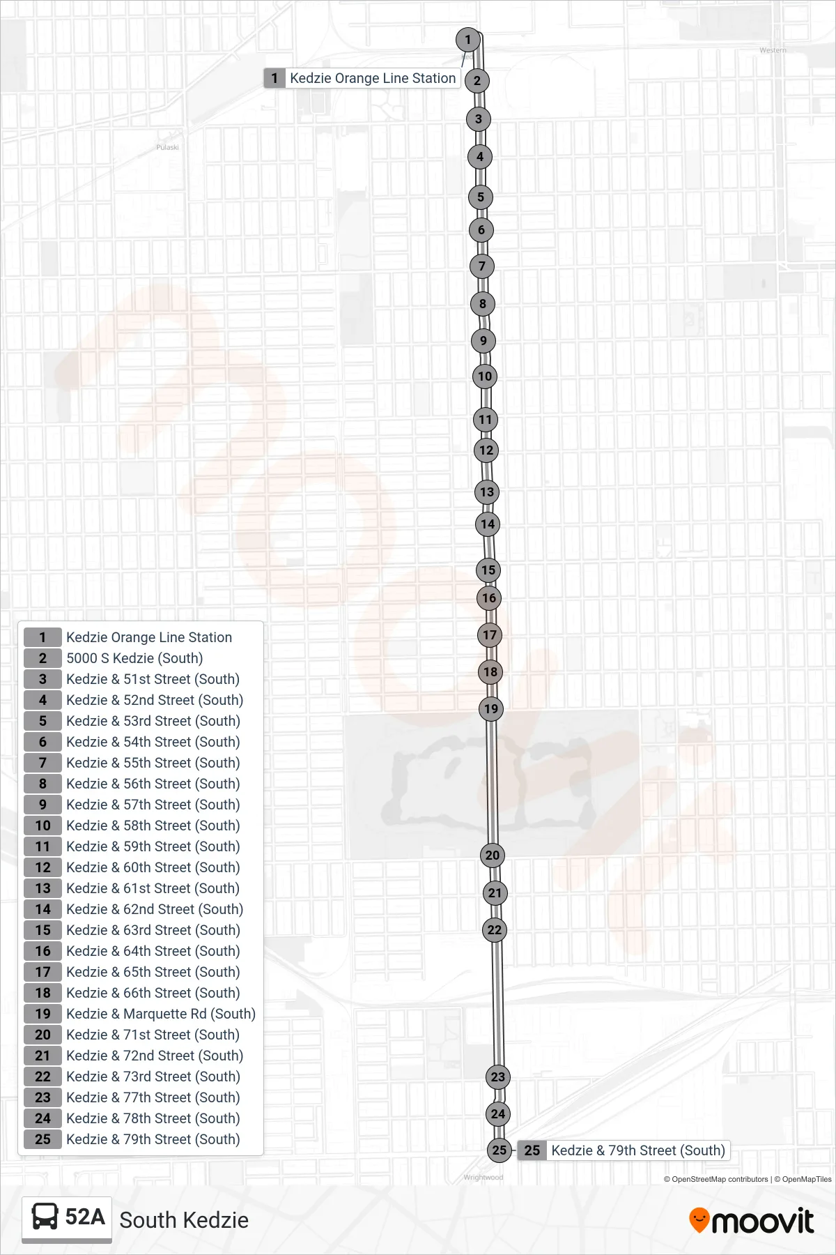 52A bus Line (Kedzie & 79th Street (South)) route and stops on a map
