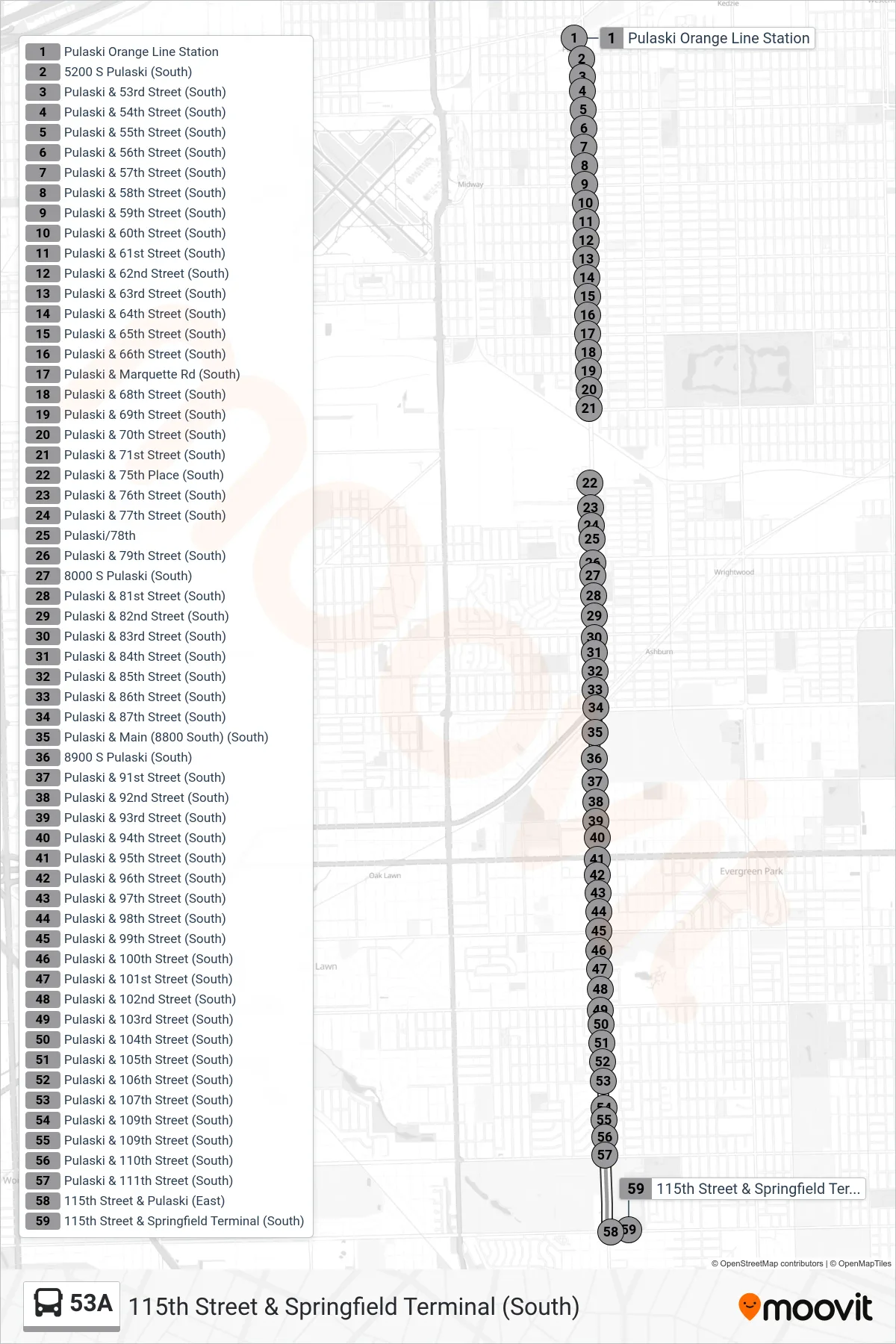 53A bus Line (115th Street & Springfield Terminal (South)) route and stops on a map