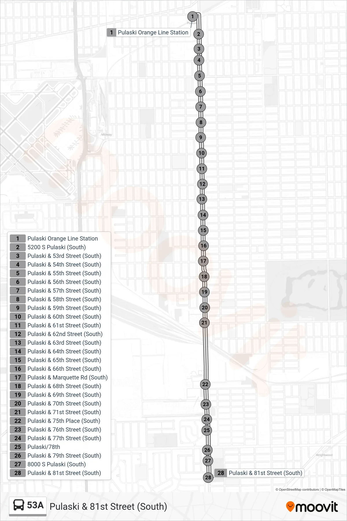 53A bus Line (Pulaski & 81st Street (South)) route and stops on a map