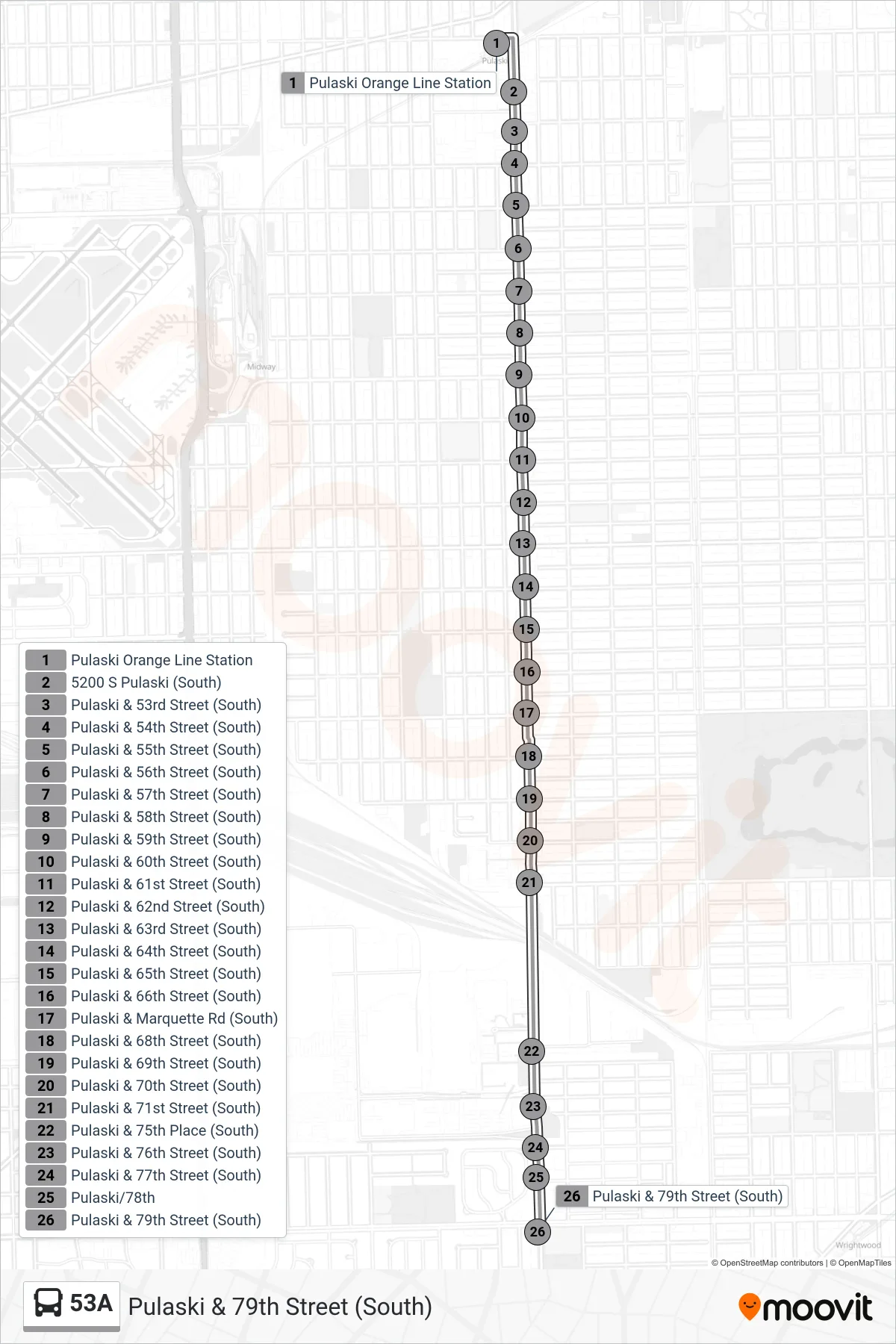 53A bus Line (Pulaski & 79th Street (South)) route and stops on a map
