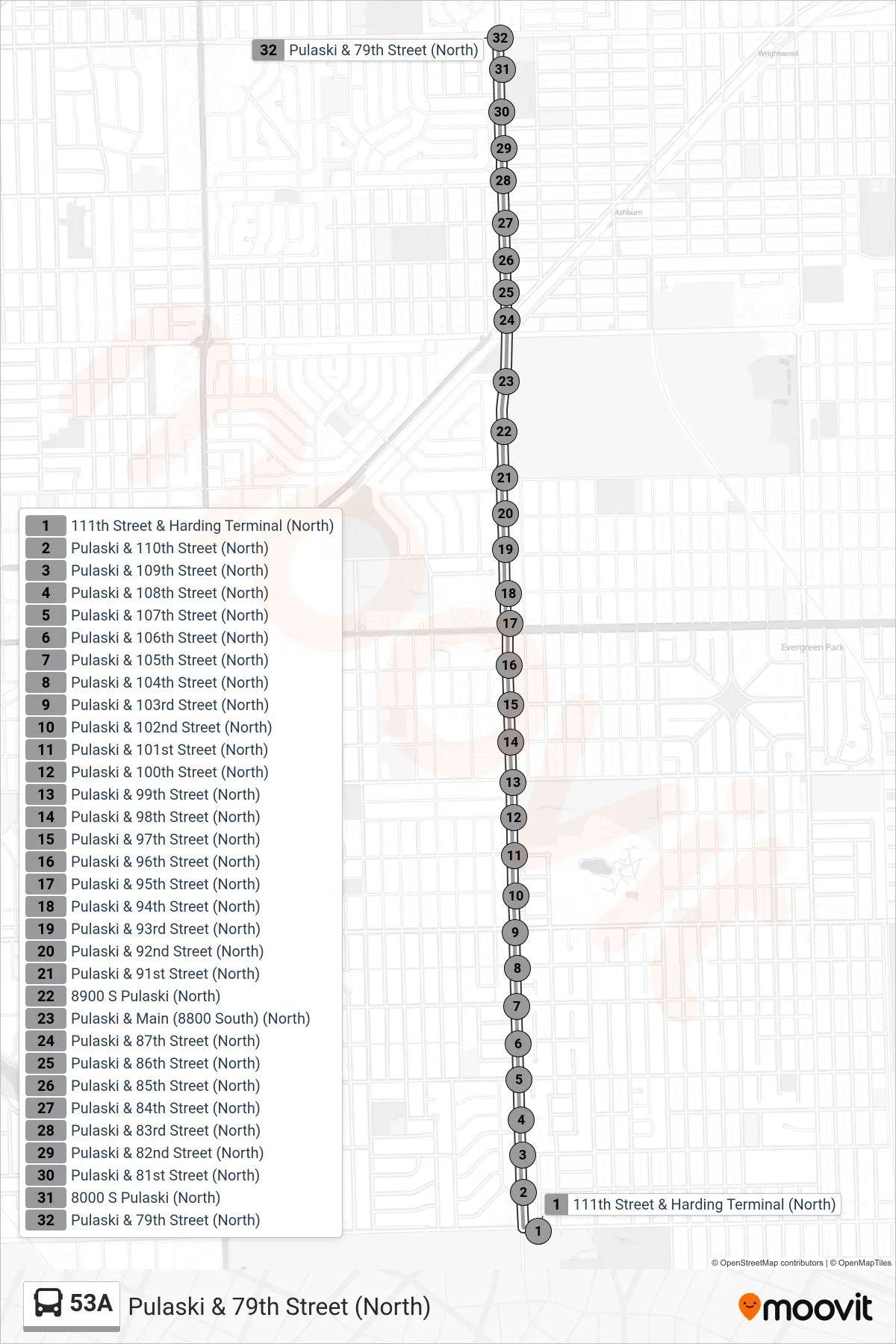 53A bus Line (Pulaski & 79th Street (North)) route and stops on a map