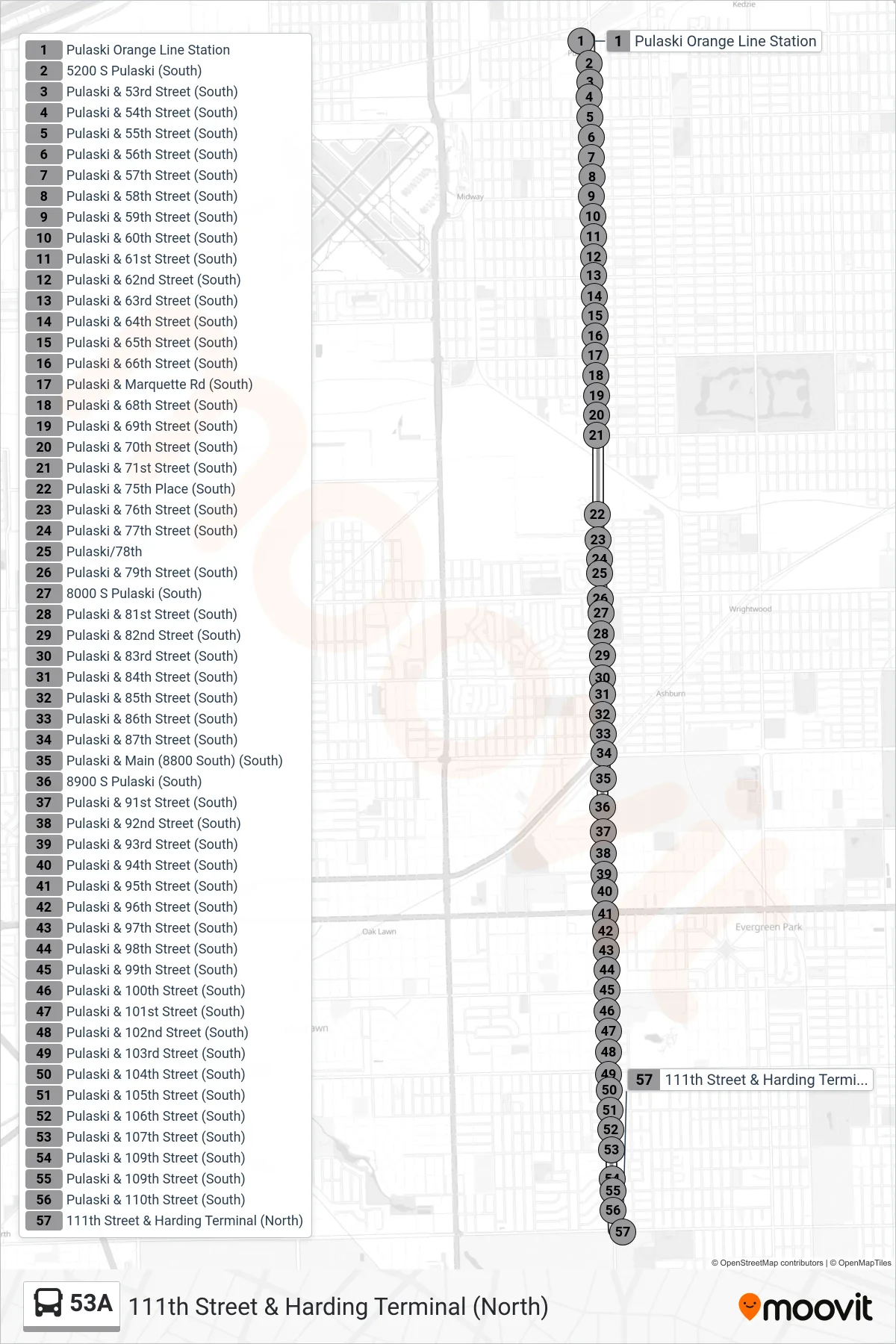 53A bus Line (111th Street & Harding Terminal (North)) route and stops on a map