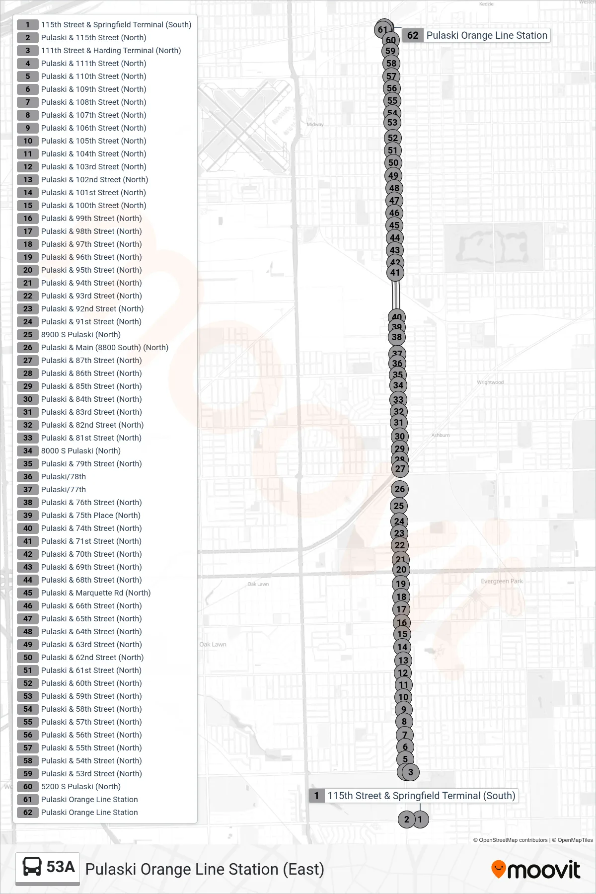 53A bus Line (Pulaski Orange Line Station (East)) route and stops on a map