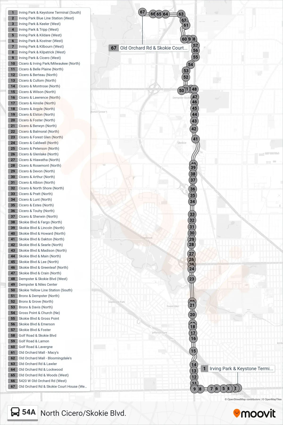 54A bus Line (Old Orchard Rd & Skokie Court House (West)) route and stops on a map