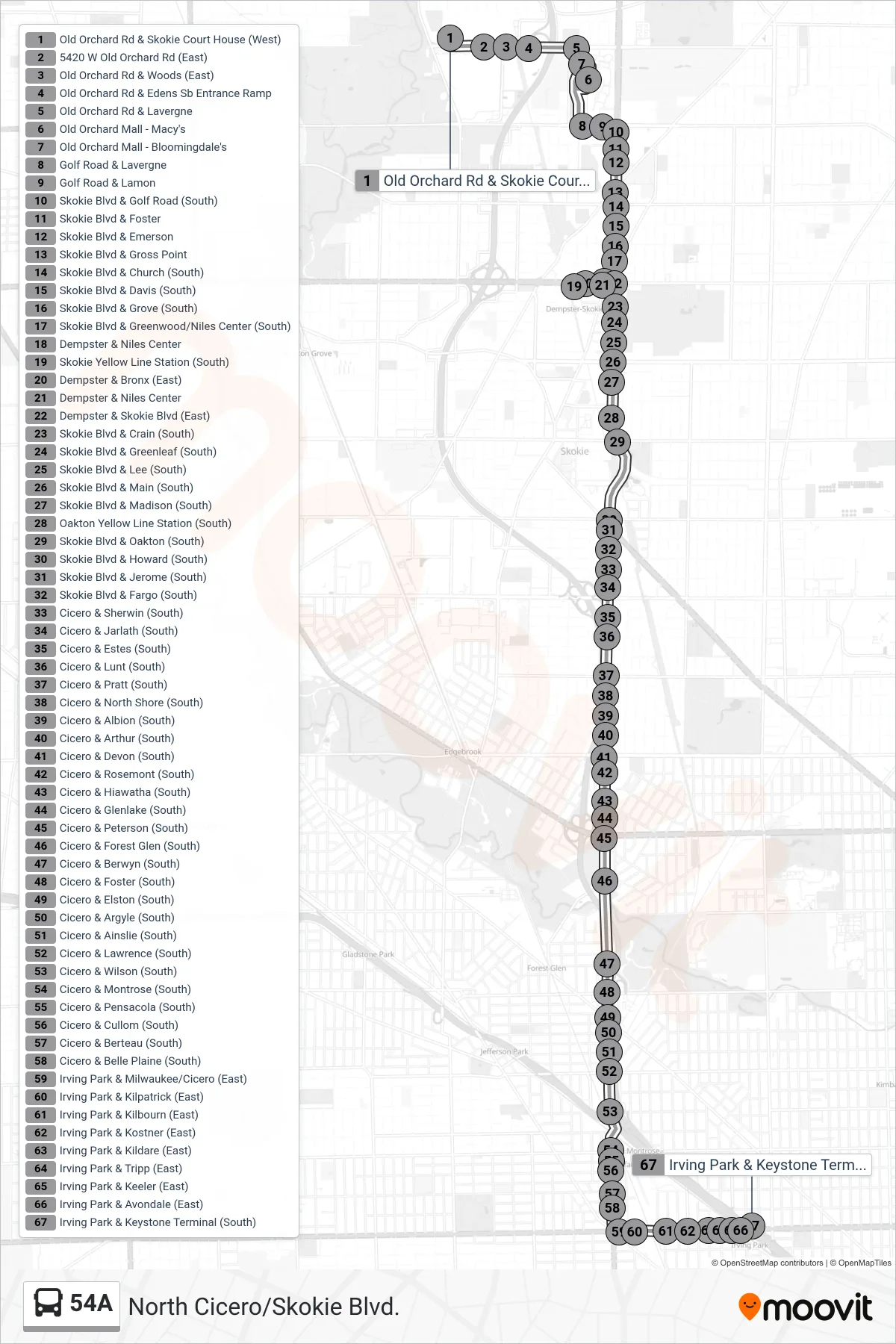 54A bus Line (Irving Park & Keystone Terminal (South)) route and stops on a map