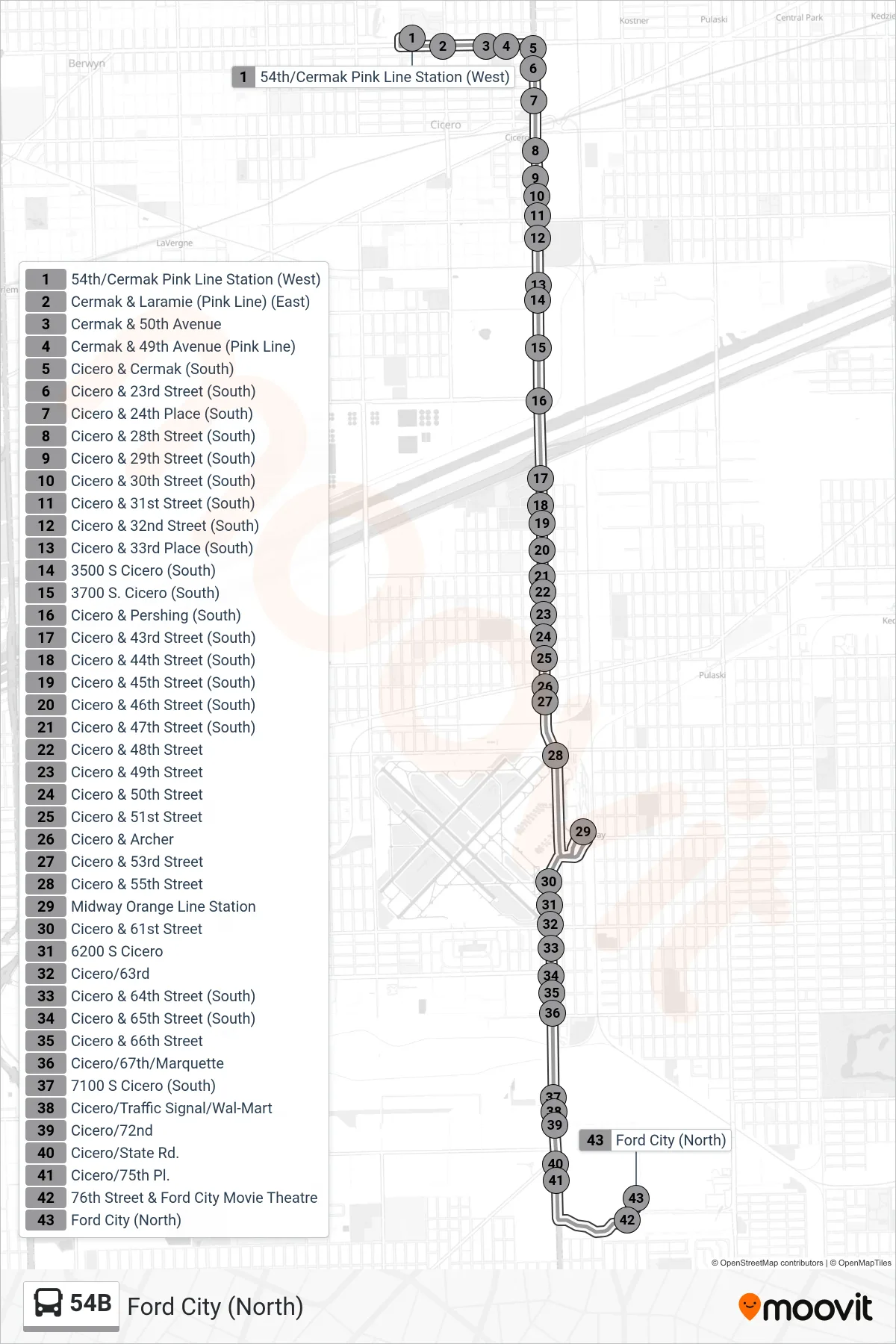 54B bus Line (Ford City (North)) route and stops on a map