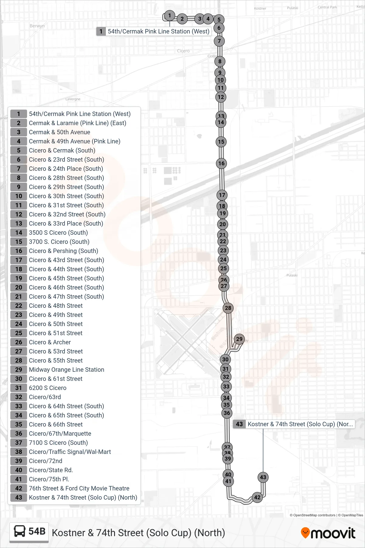54B bus Line (Kostner & 74th Street (Solo Cup) (North)) route and stops on a map