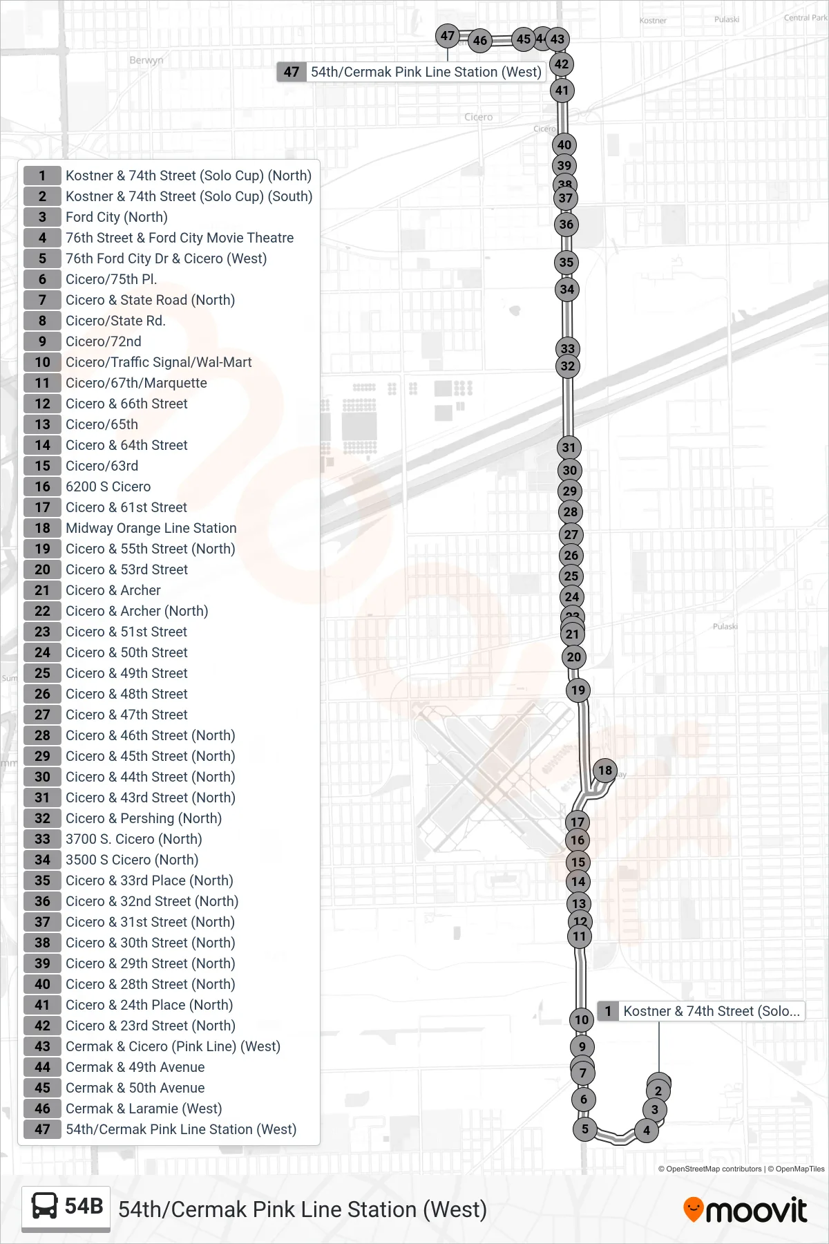 54B bus Line (54th/Cermak Pink Line Station (West)) route and stops on a map