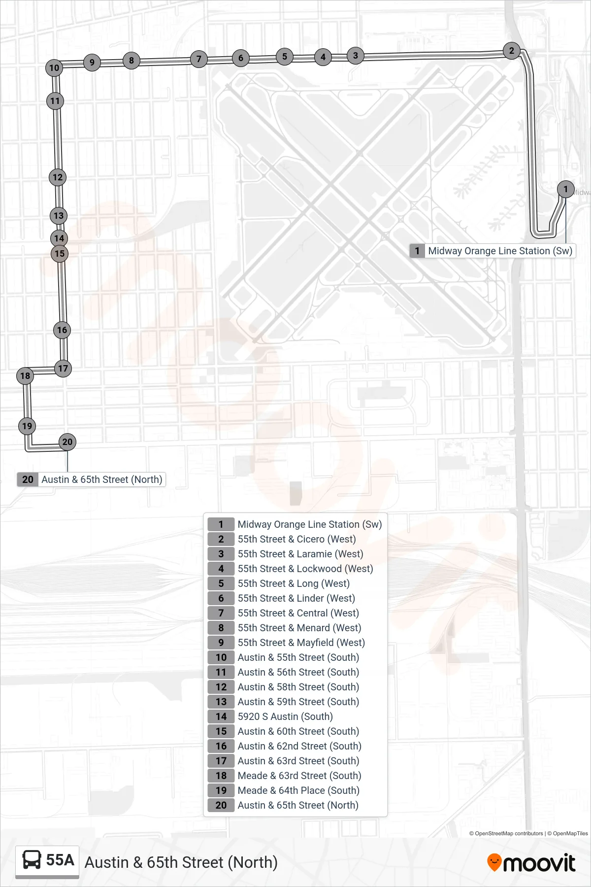 55A bus Line (Austin & 65th Street (North)) route and stops on a map