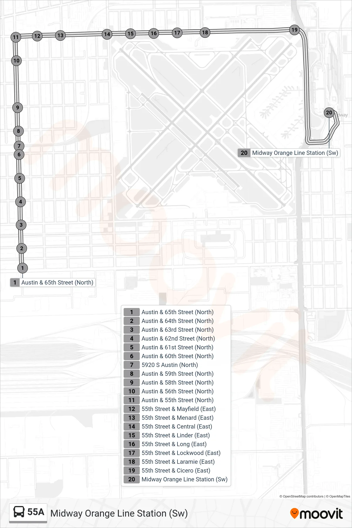 55A bus Line (Midway Orange Line Station (Sw)) route and stops on a map