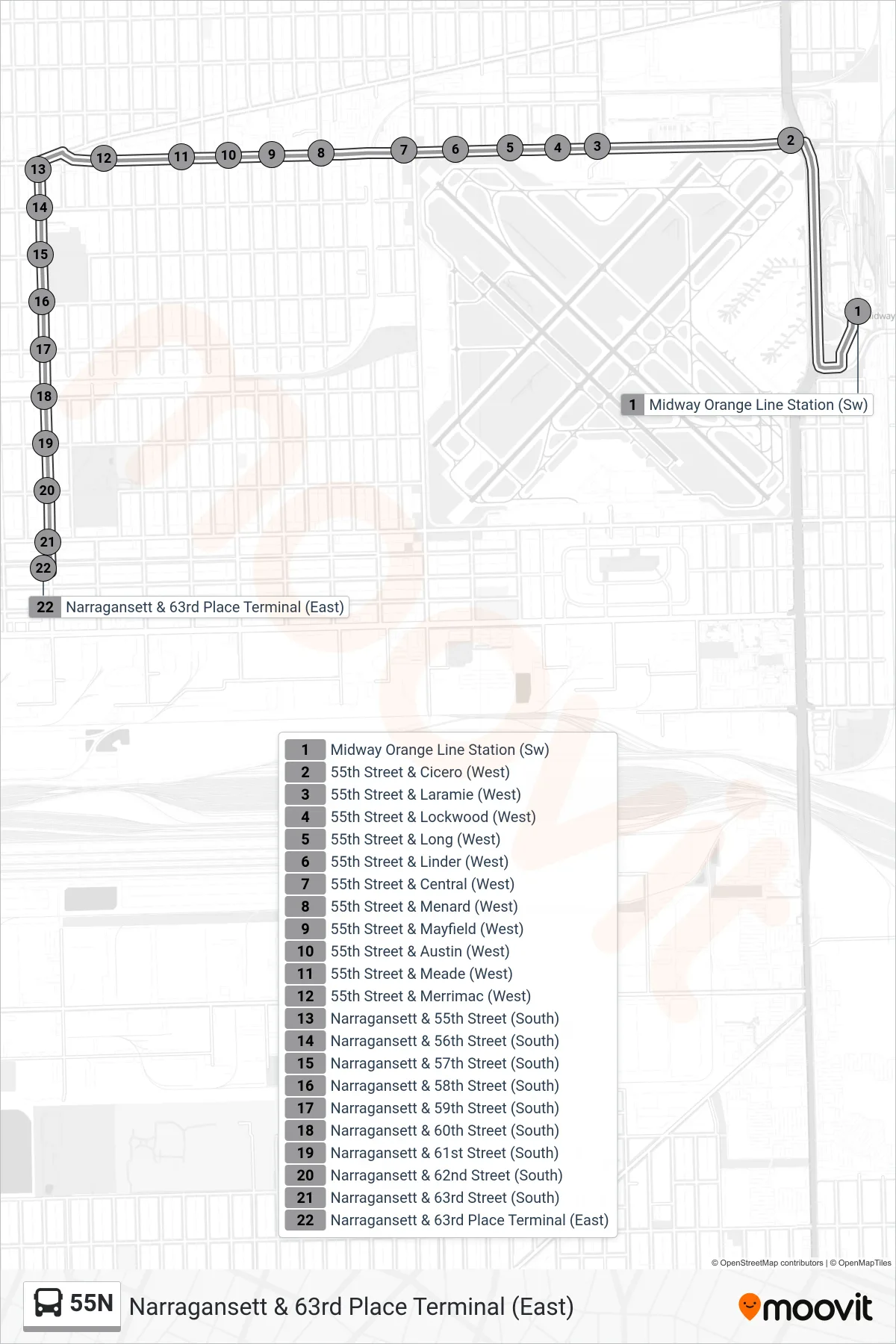 55N bus Line (Narragansett & 63rd Place Terminal (East)) route and stops on a map