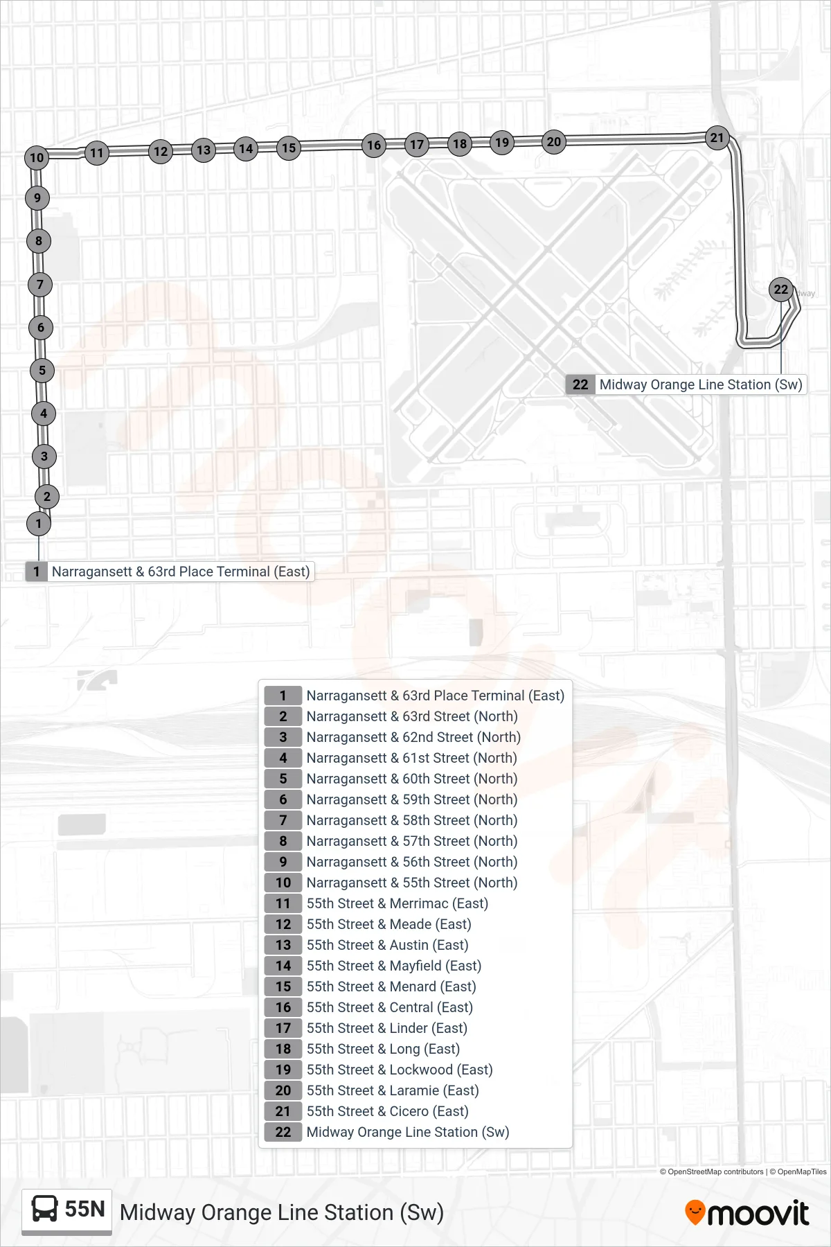 55N bus Line (Midway Orange Line Station (Sw)) route and stops on a map