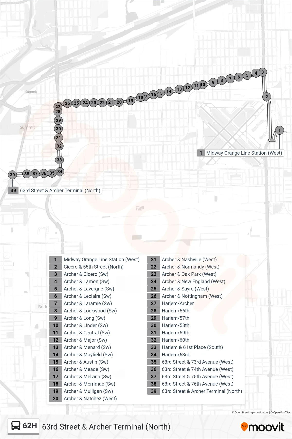 62H bus Line (63rd Street & Archer Terminal (North)) route and stops on a map