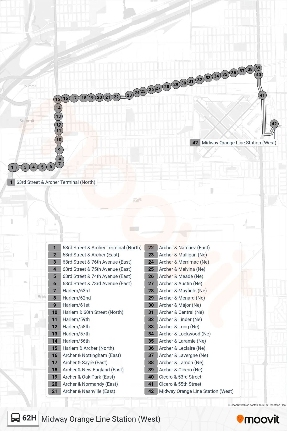 62H bus Line (Midway Orange Line Station (West)) route and stops on a map