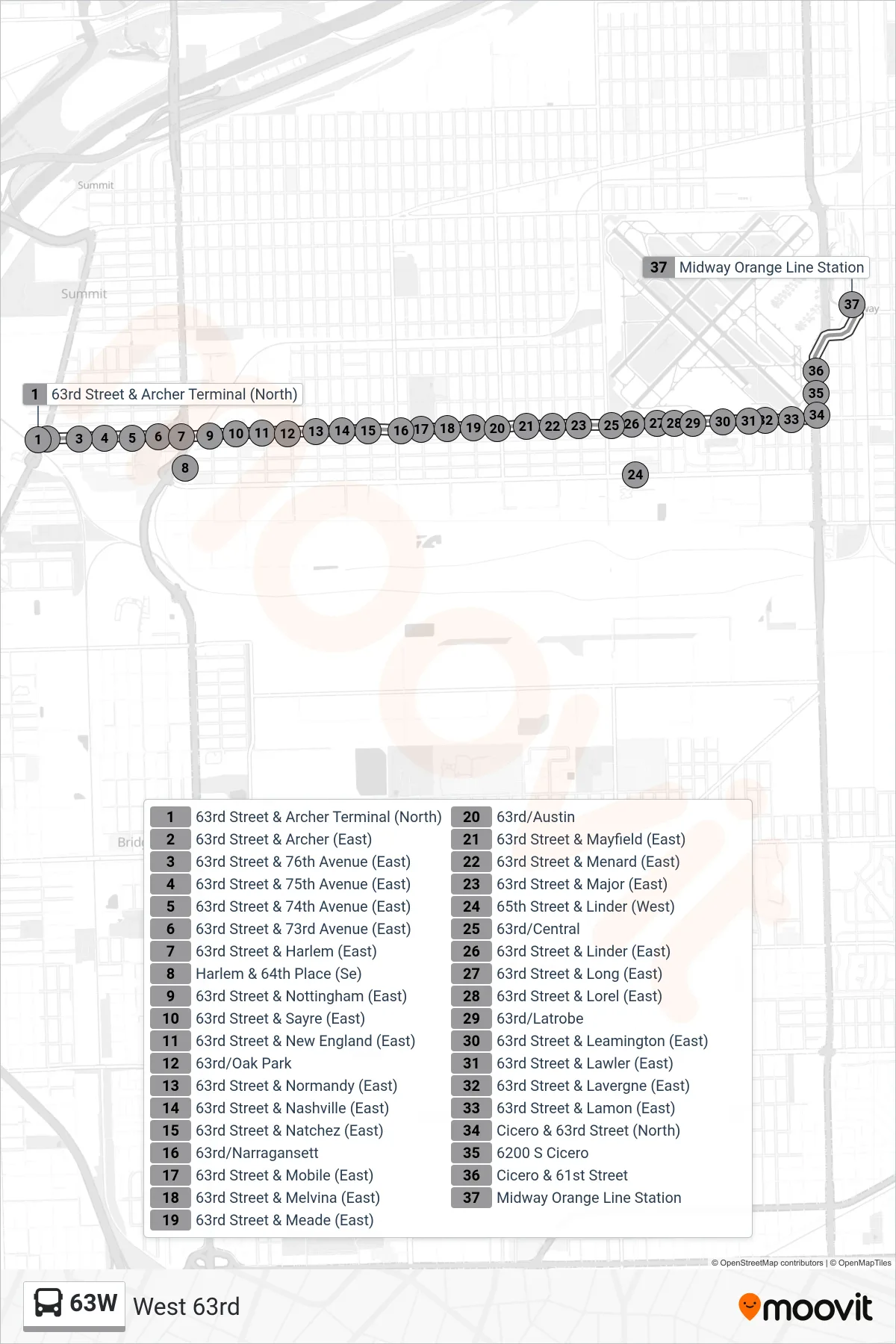 63W bus Line (Midway Orange Line Station (Sw)) route and stops on a map