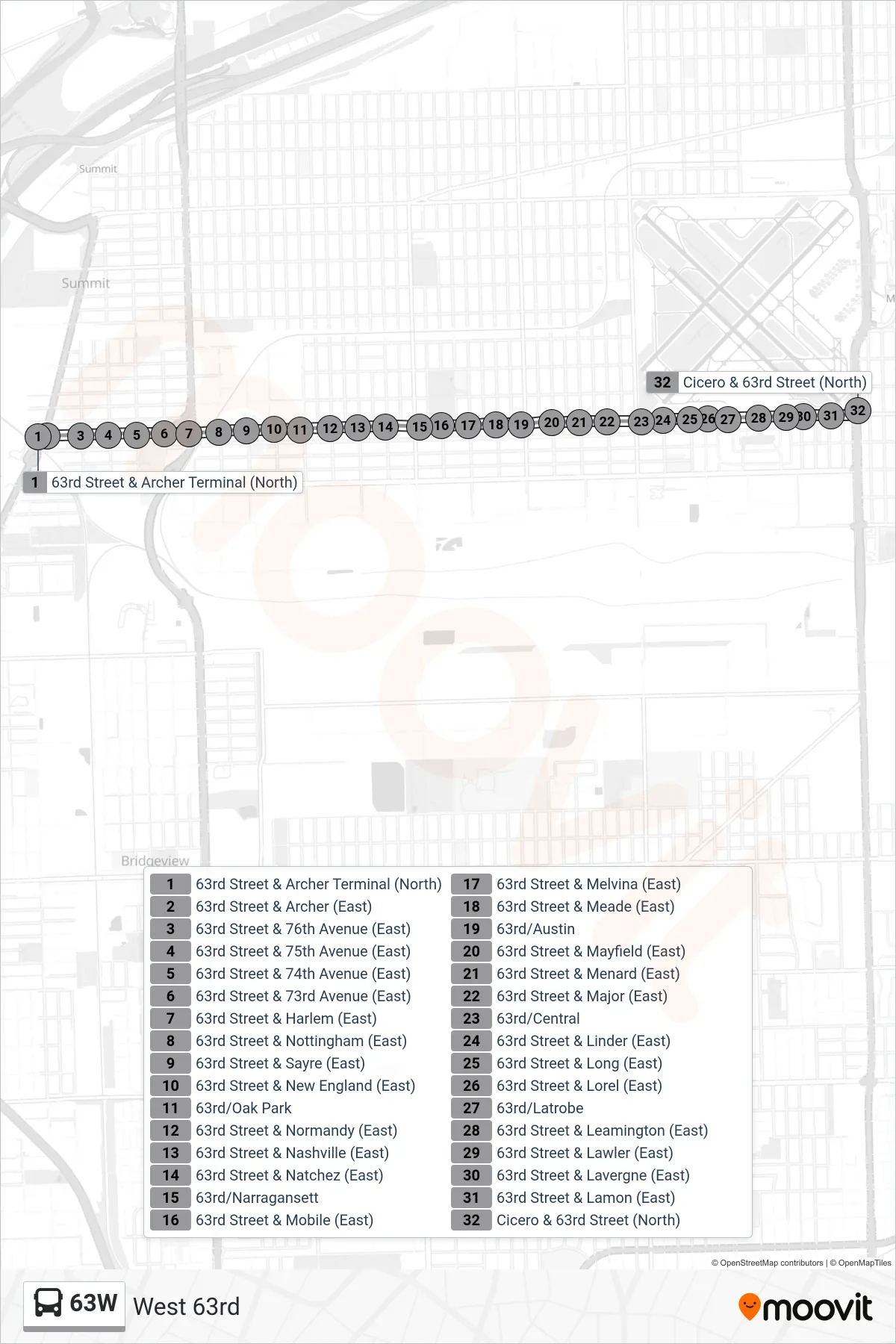 63W bus Line (Cicero & 63rd Street (North)) route and stops on a map