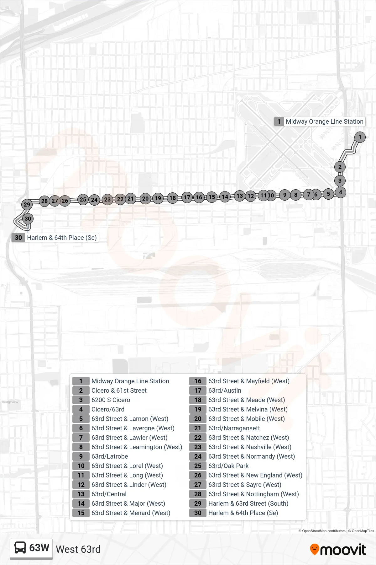 63W bus Line (Harlem & 64th Place (Se)) route and stops on a map