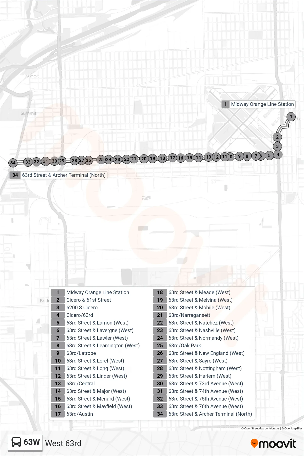 63W bus Line (63rd Street & Archer Terminal (North)) route and stops on a map