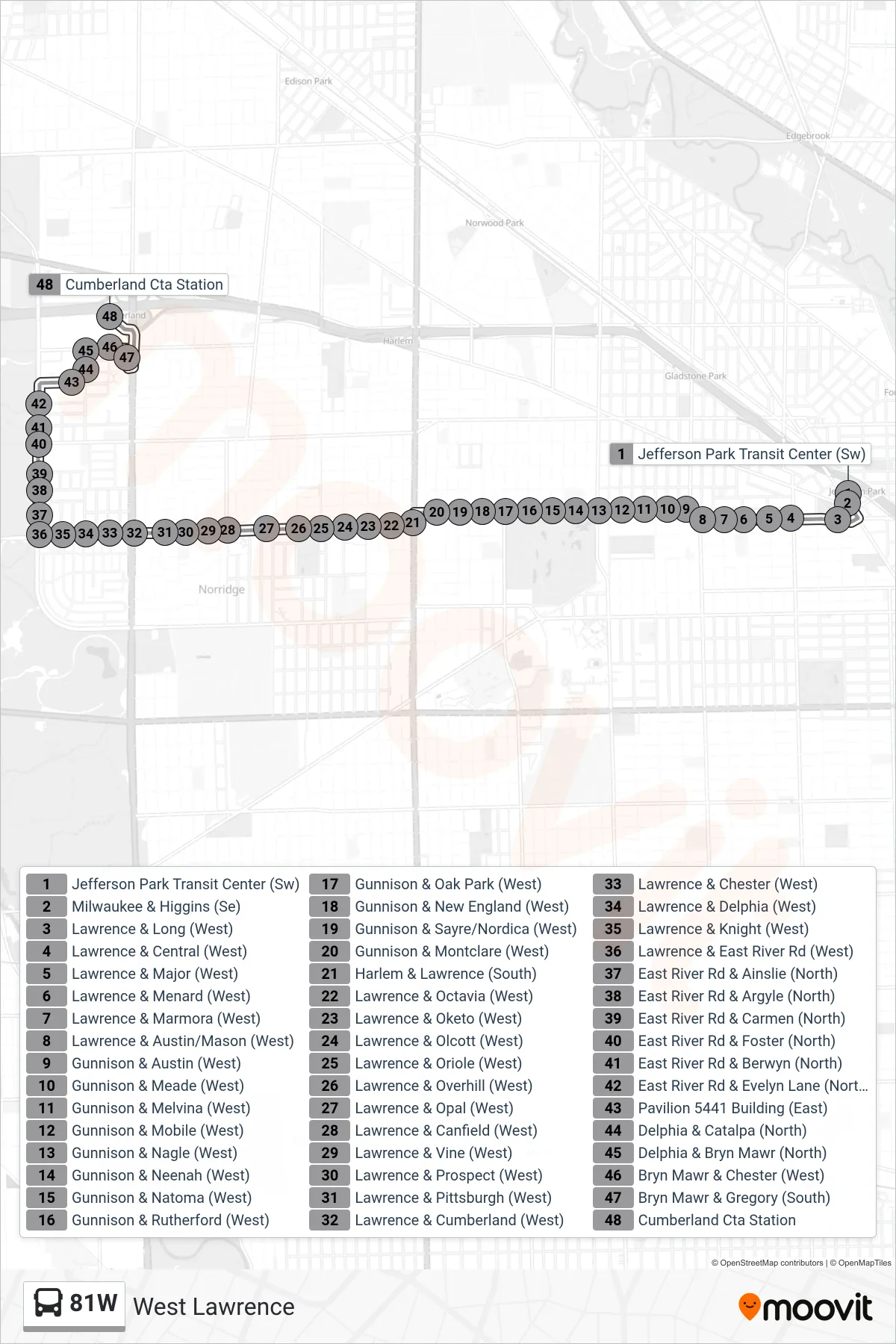 81W bus Line (Cumberland Blue Line Station (Sw)) route and stops on a map