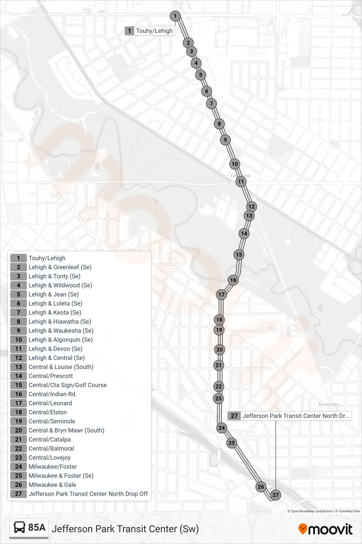 85A bus Line (Jefferson Park Transit Center (Sw)) route and stops on a map