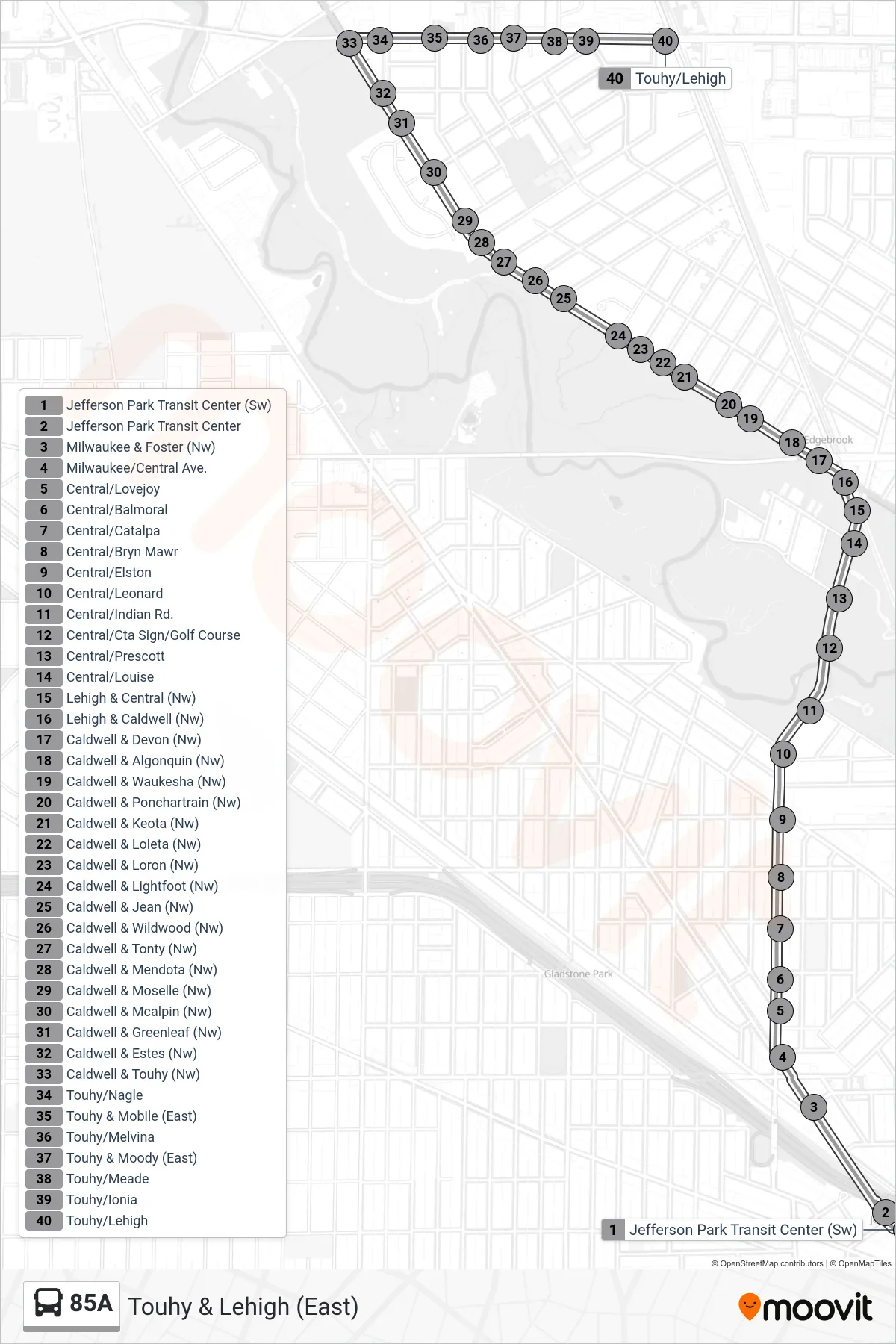 85A bus Line (Touhy & Lehigh (East)) route and stops on a map