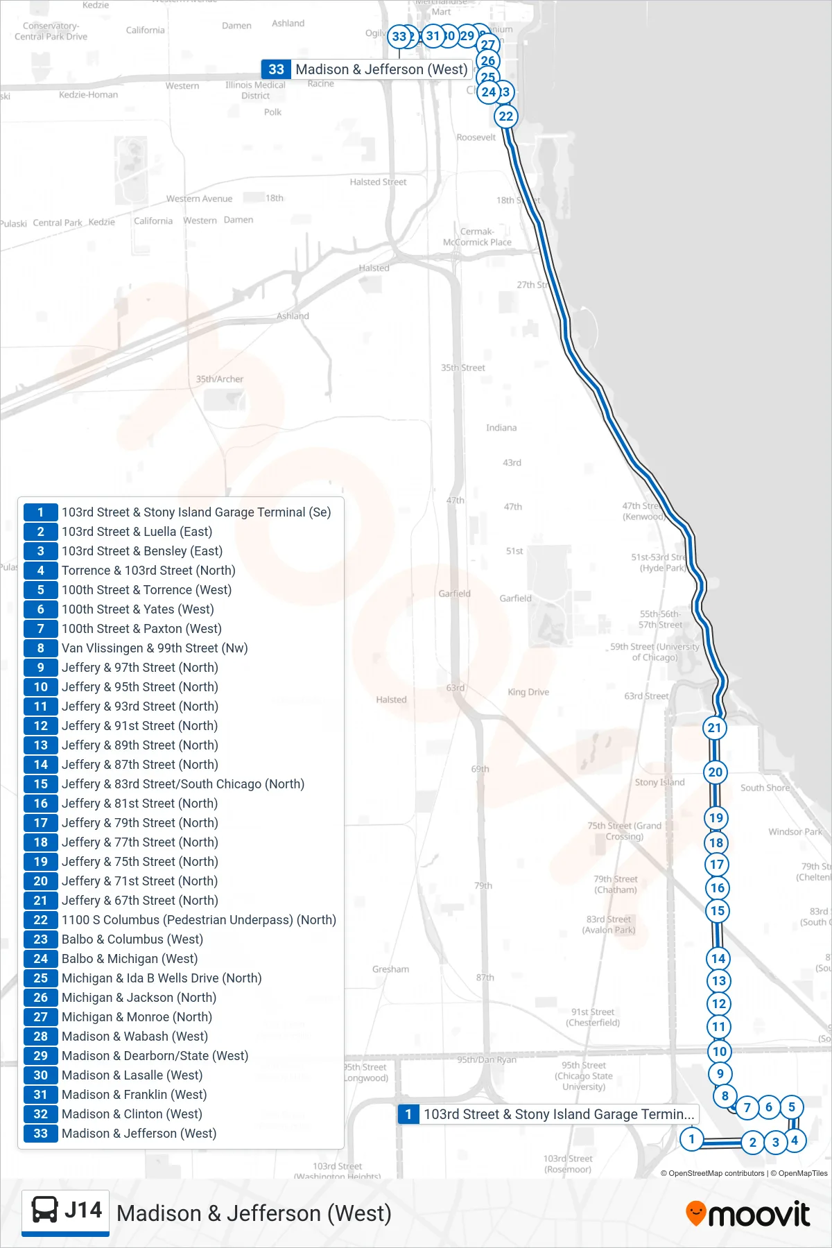 J14 bus Line (Madison & Jefferson (West)) route and stops on a map