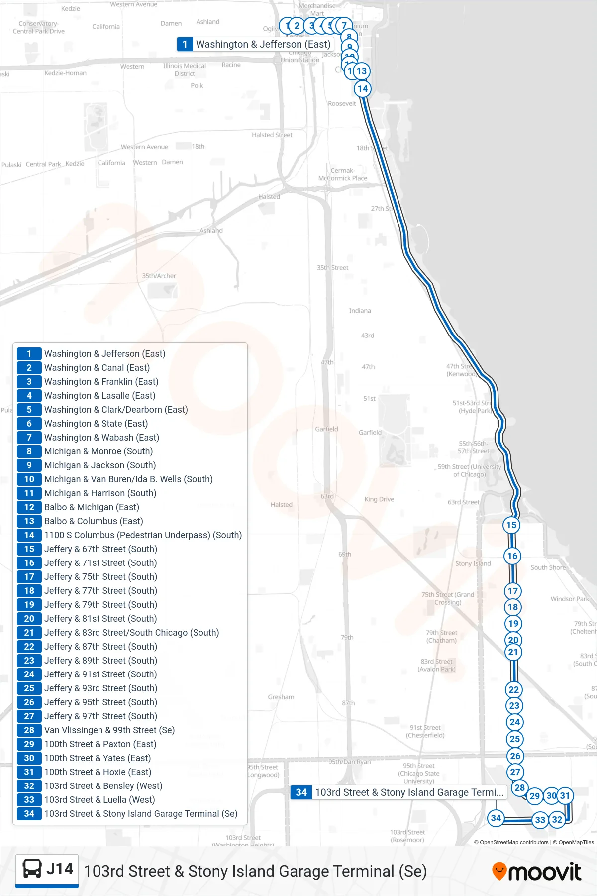 J14 bus Line (103rd Street & Stony Island Garage Terminal (Se)) route and stops on a map