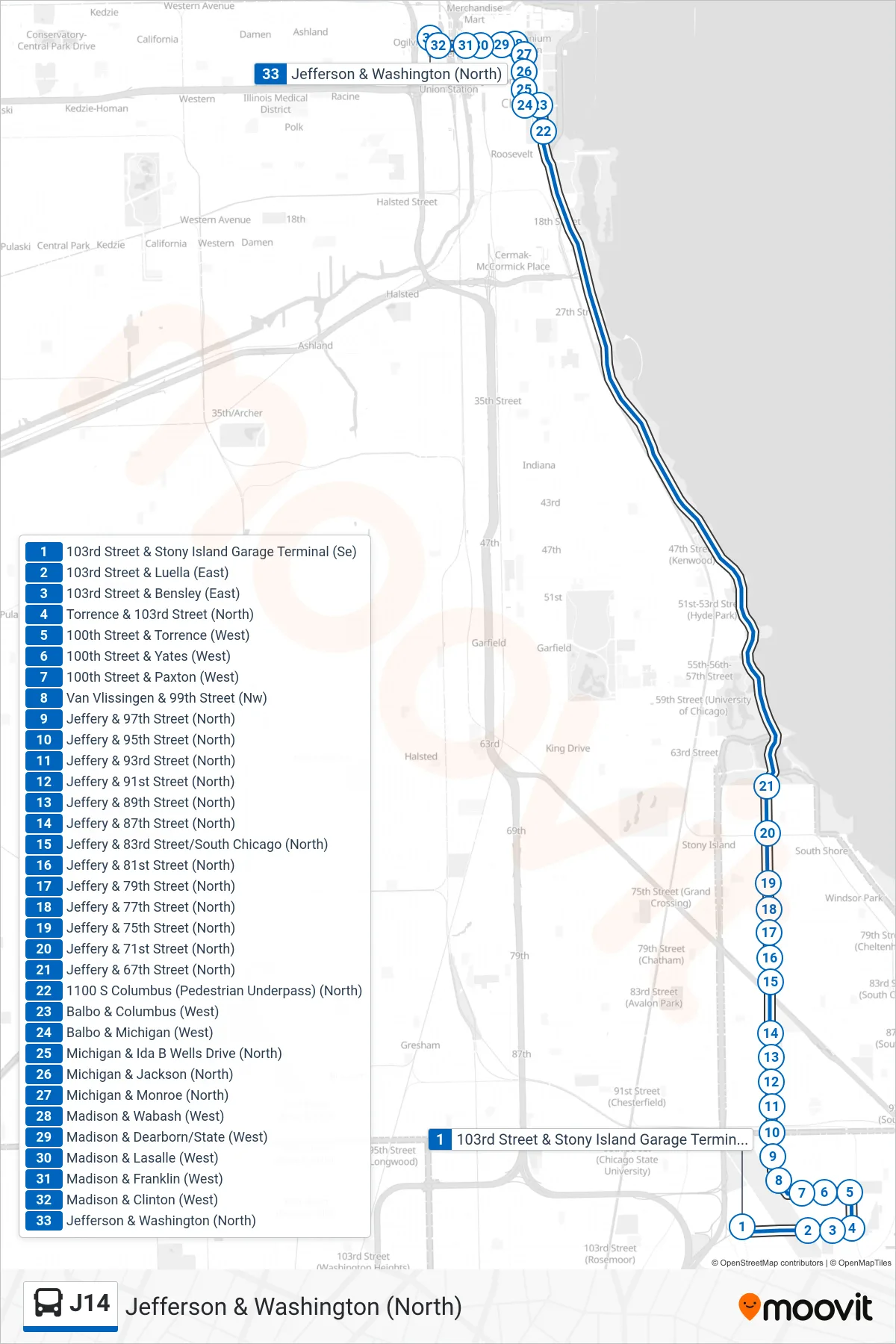 J14 bus Line (Jefferson & Washington (North)) route and stops on a map