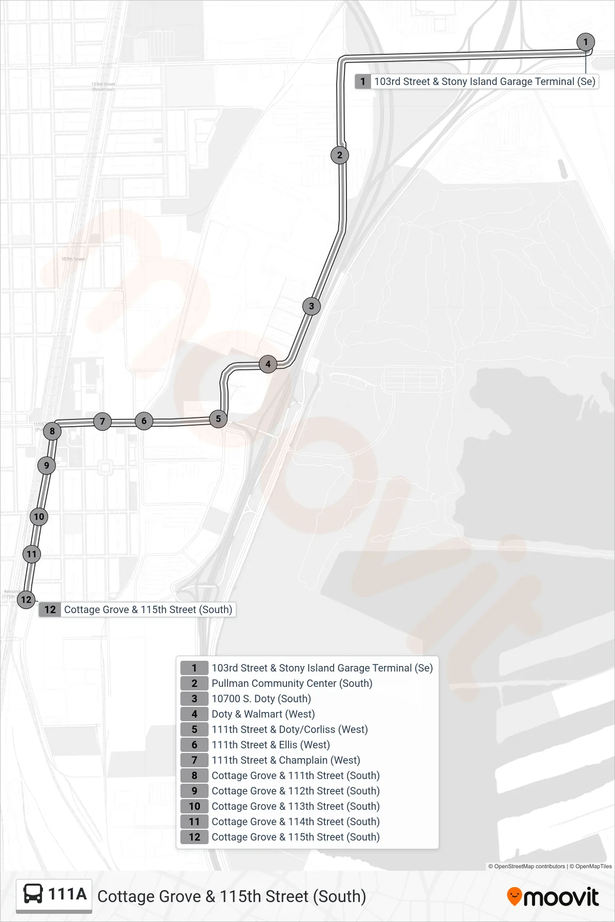 111A bus Line (Cottage Grove & 115th Street (South)) route and stops on a map