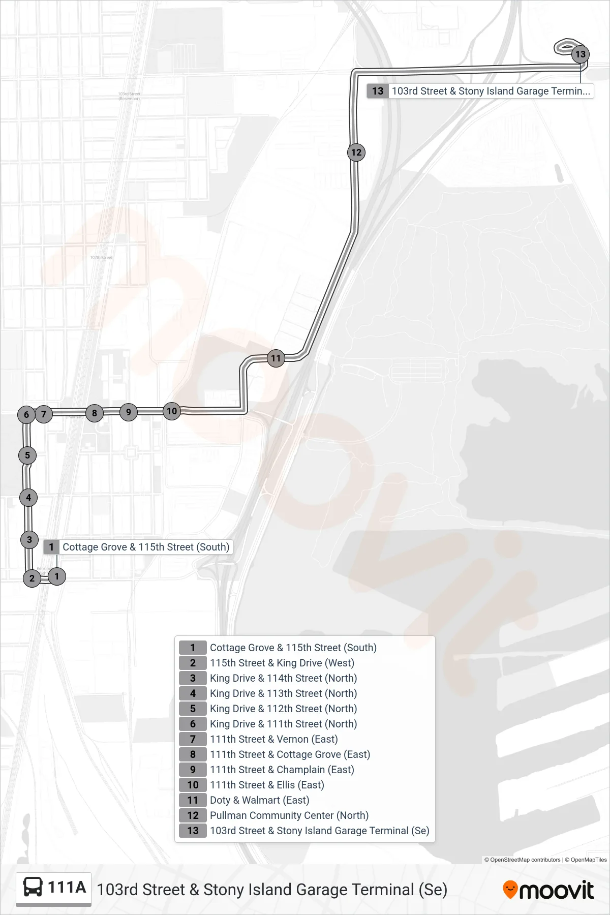 111A bus Line (103rd Street & Stony Island Garage Terminal (Se)) route and stops on a map