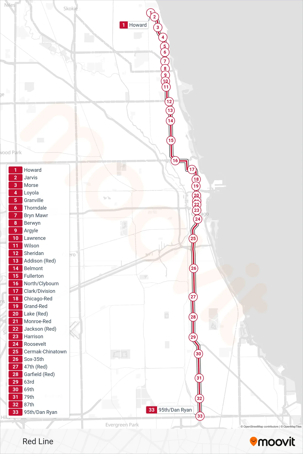 RED LINE subway Line (95th/Dan Ryan) route and stops on a map