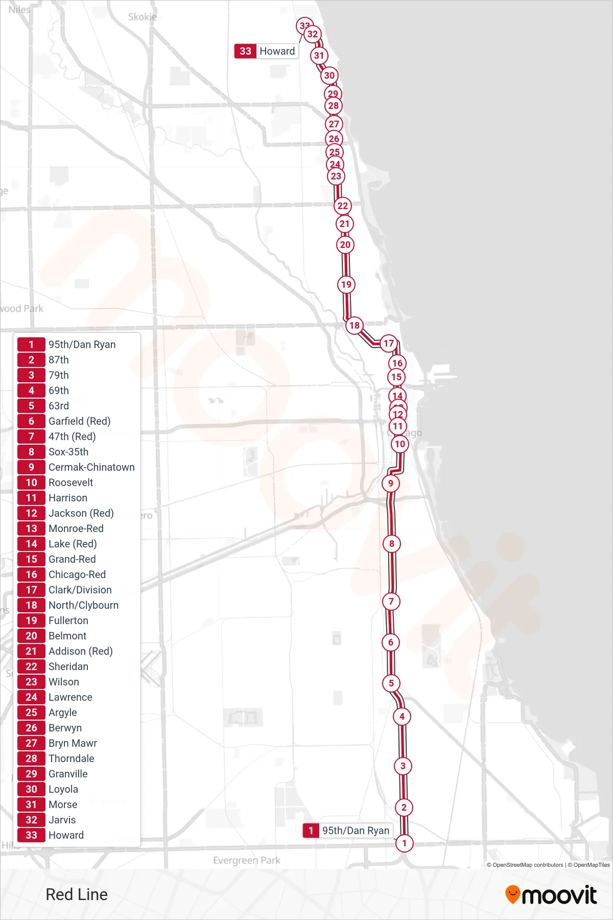 RED LINE subway Line (Howard) route and stops on a map