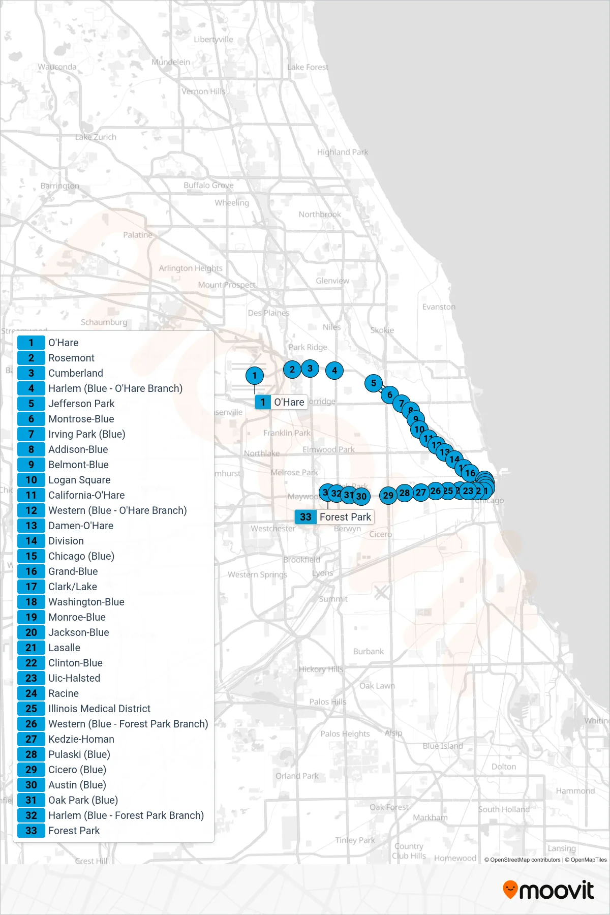 BLUE LINE subway Line (Towards Forest Park) route and stops on a map