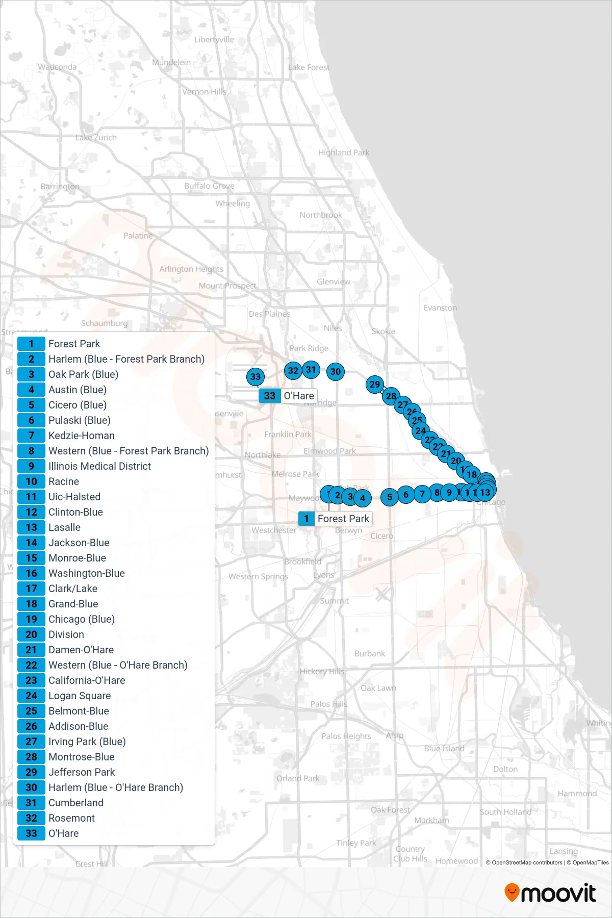 BLUE LINE Chicago 'L' Line (Towards O'Hare) route and stops on a map
