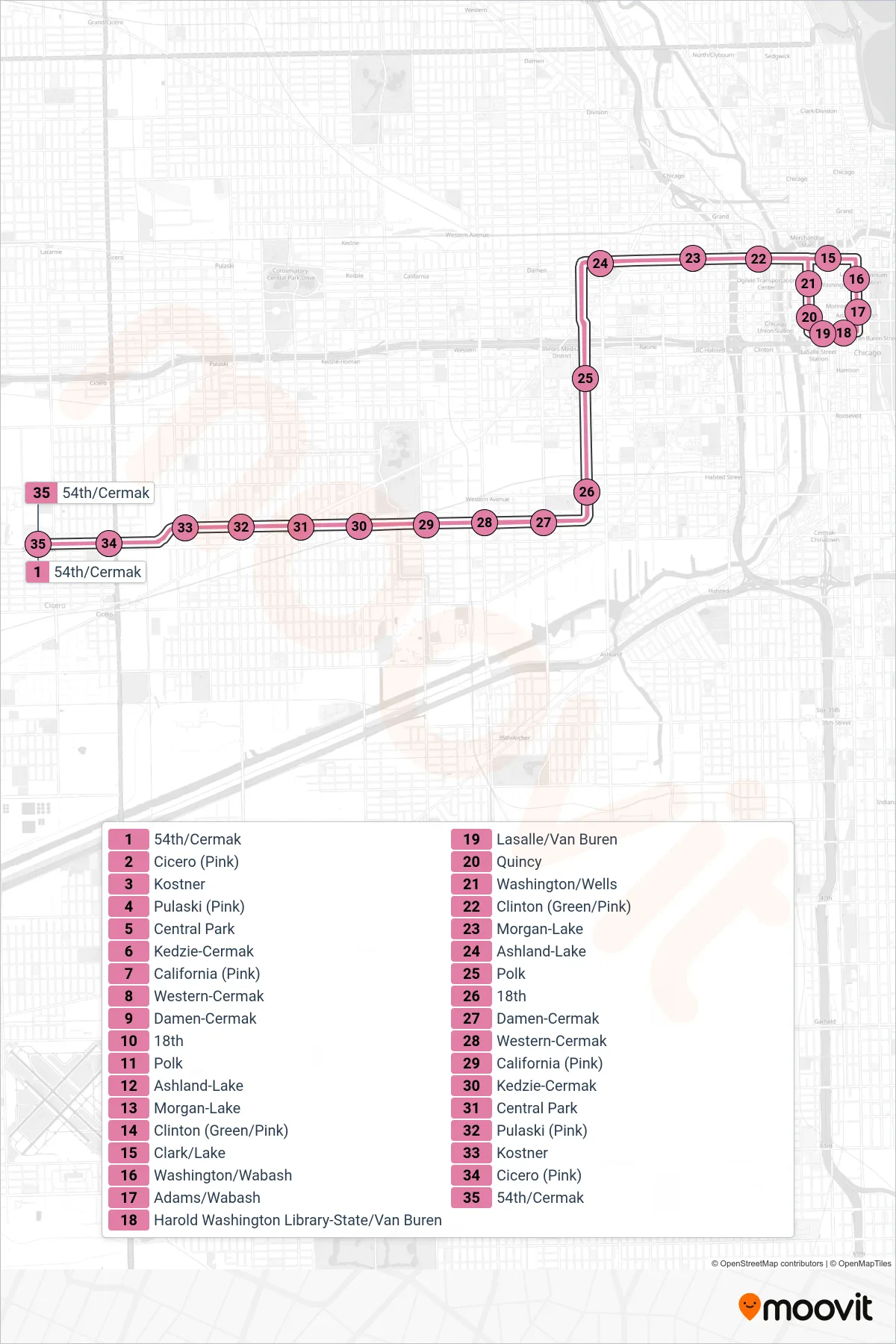 PINK LINE Chicago 'L' Line (Towards the Loop) route and stops on a map