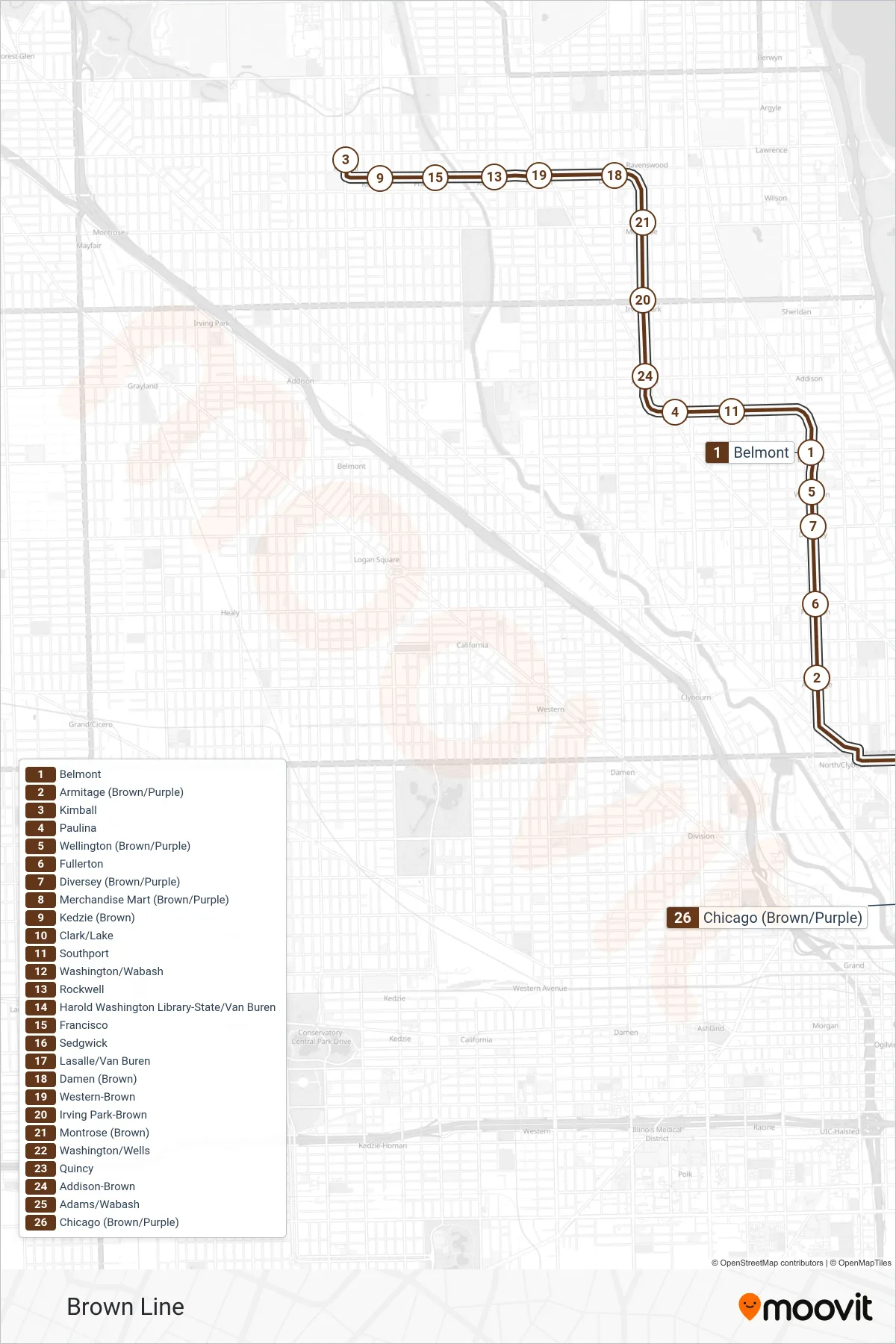 BROWN LINE Chicago 'L' Line (Kimball) route and stops on a map