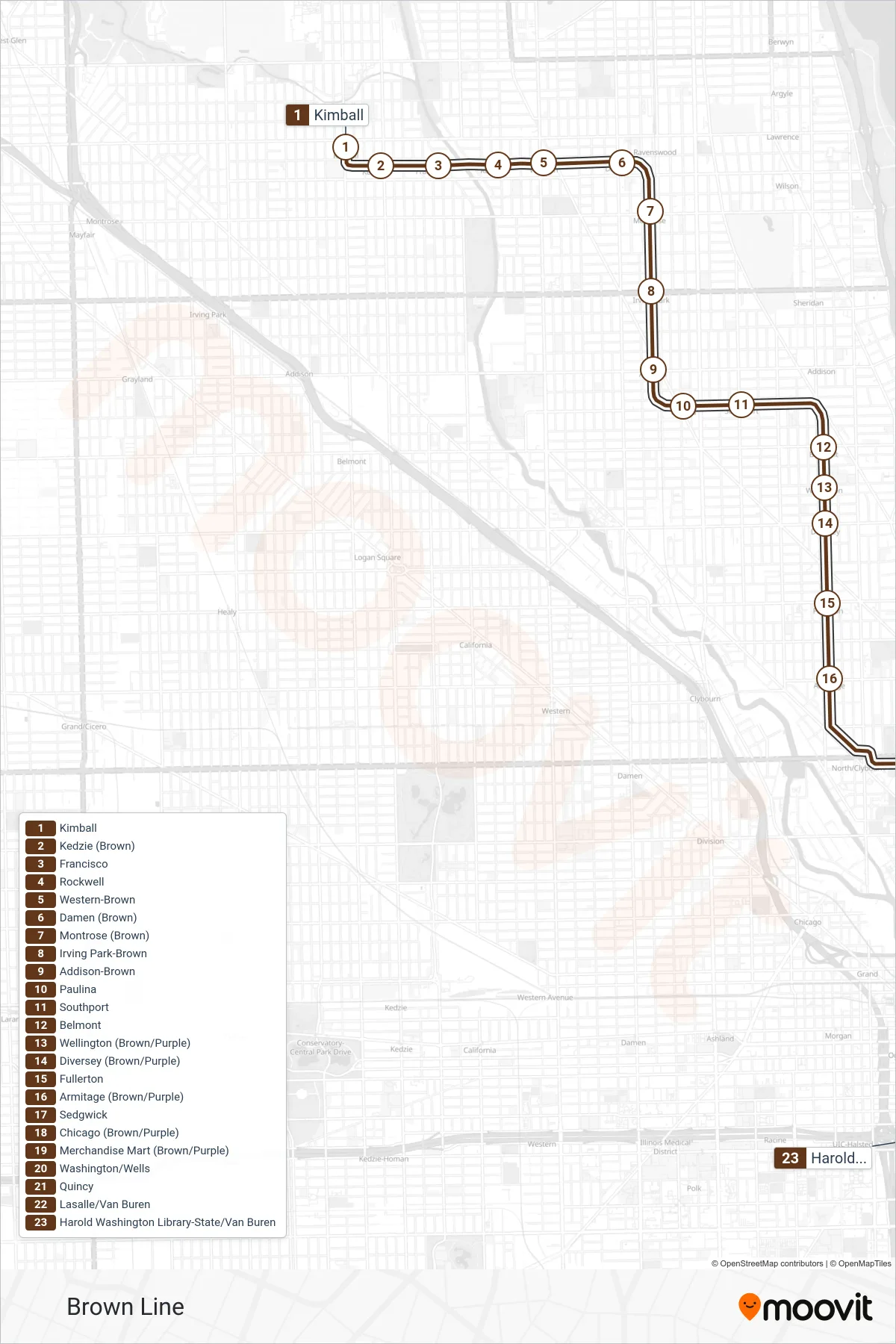 BROWN LINE subway Line (Harold Washington Library) route and stops on a map