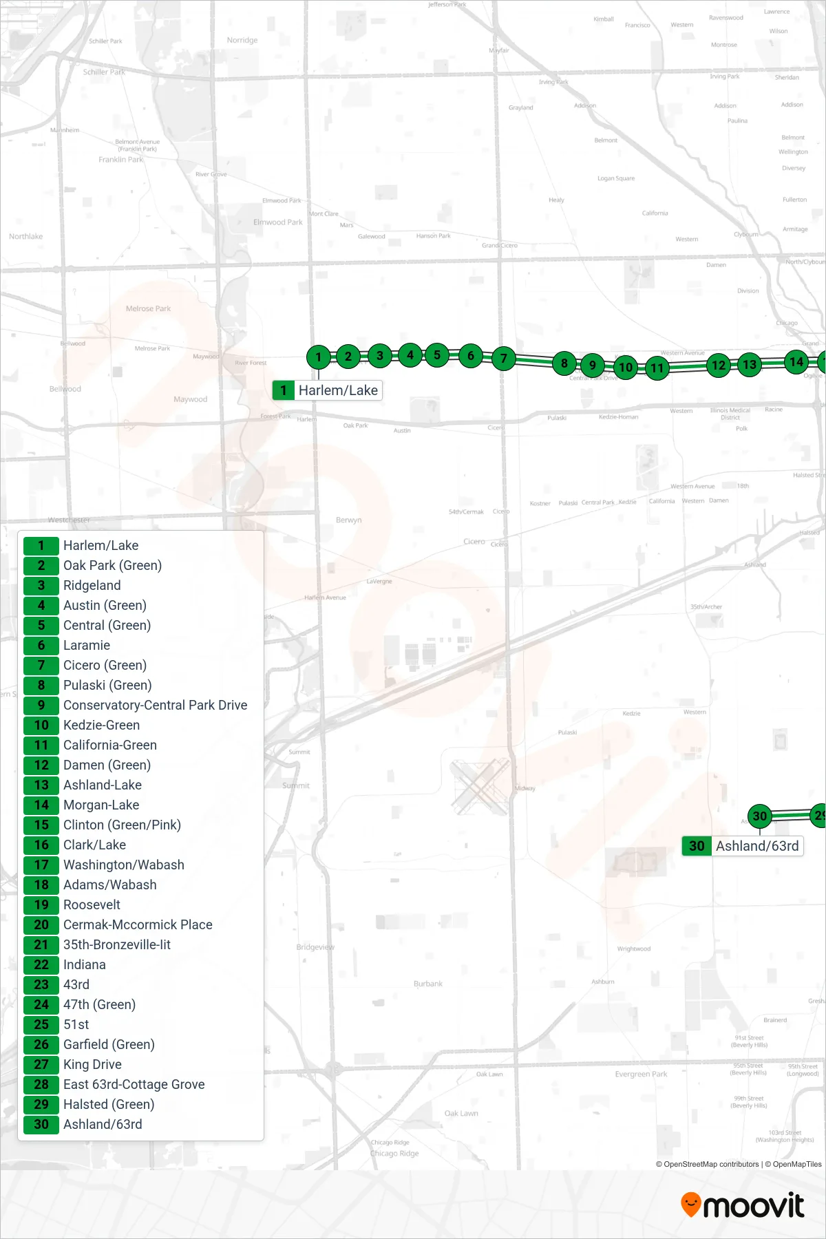 GREEN LINE subway Line (Towards 63rd) route and stops on a map