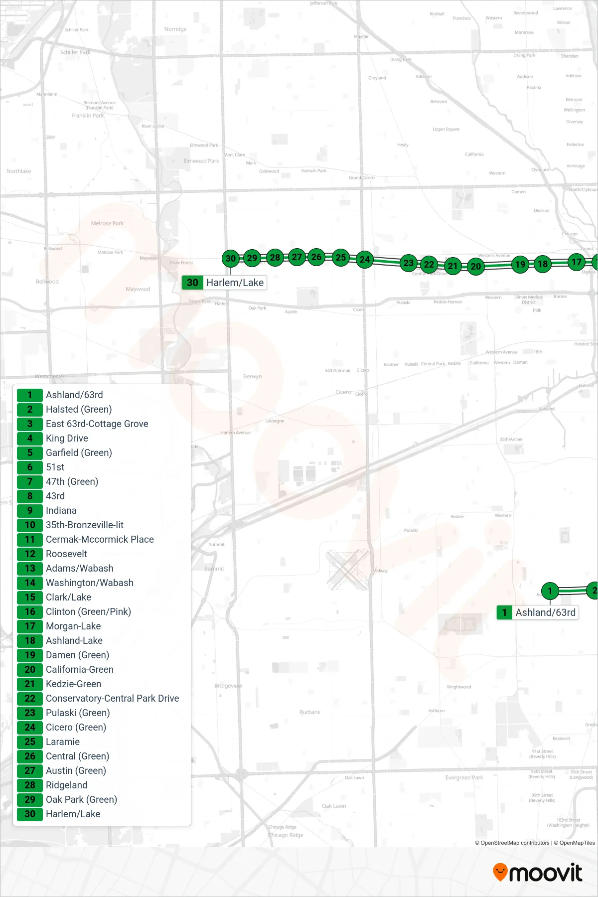 GREEN LINE subway Line (Towards Harlem/Lake) route and stops on a map