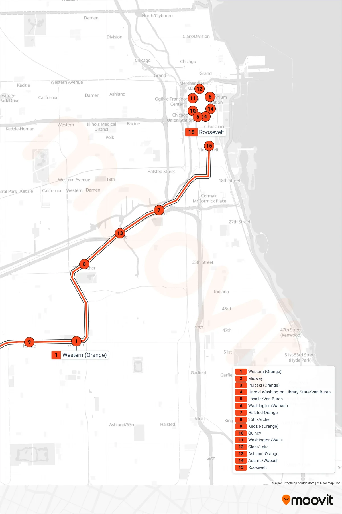 ORANGE LINE Chicago 'L' Line (Towards the Loop) route and stops on a map