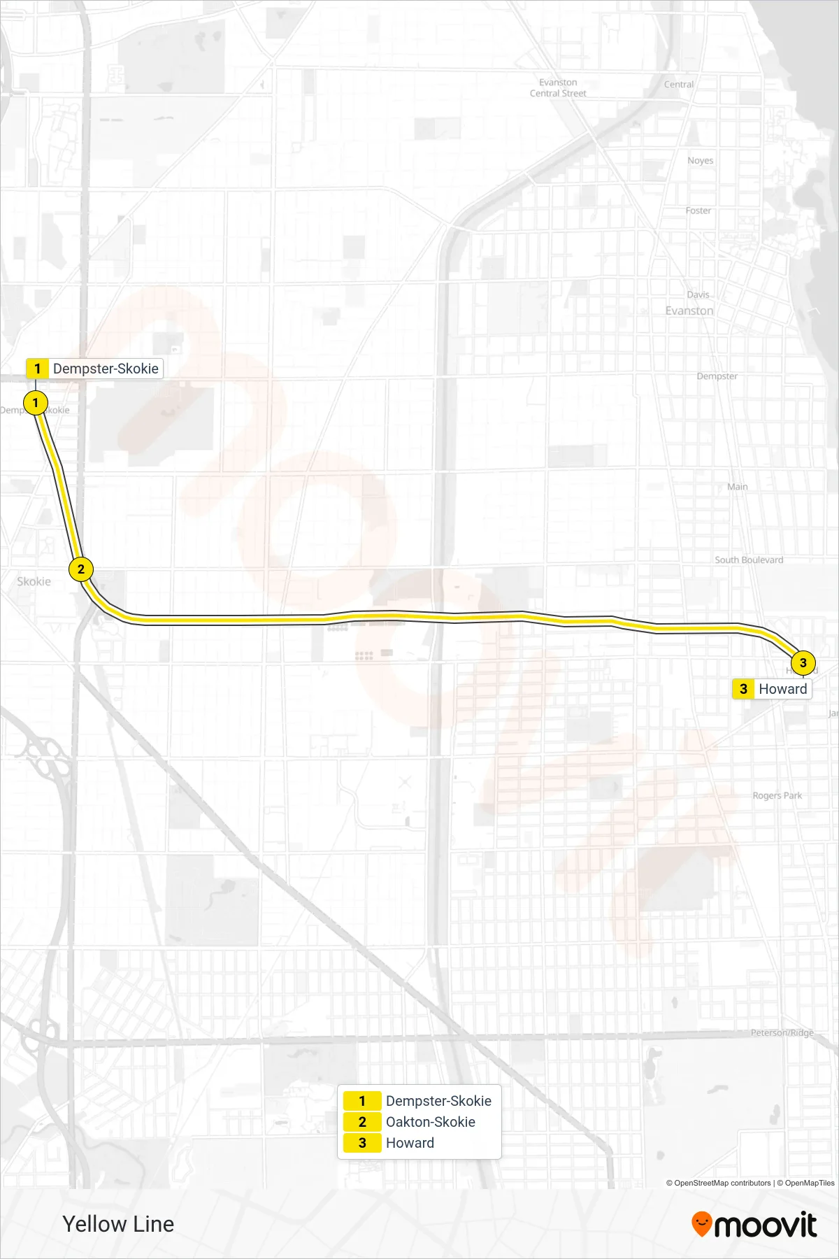 YELLOW LINE Chicago 'L' Line (Towards Howard) route and stops on a map
