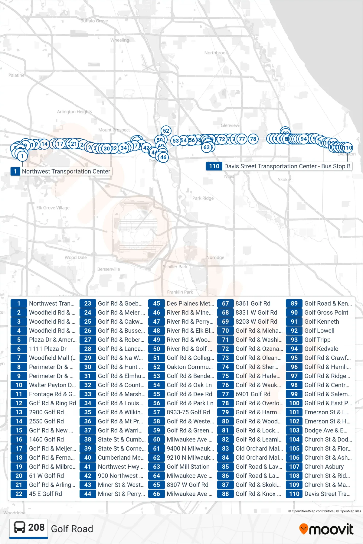 208 bus Line (Davis Street Transportation Center - Bus Stop B) route and stops on a map