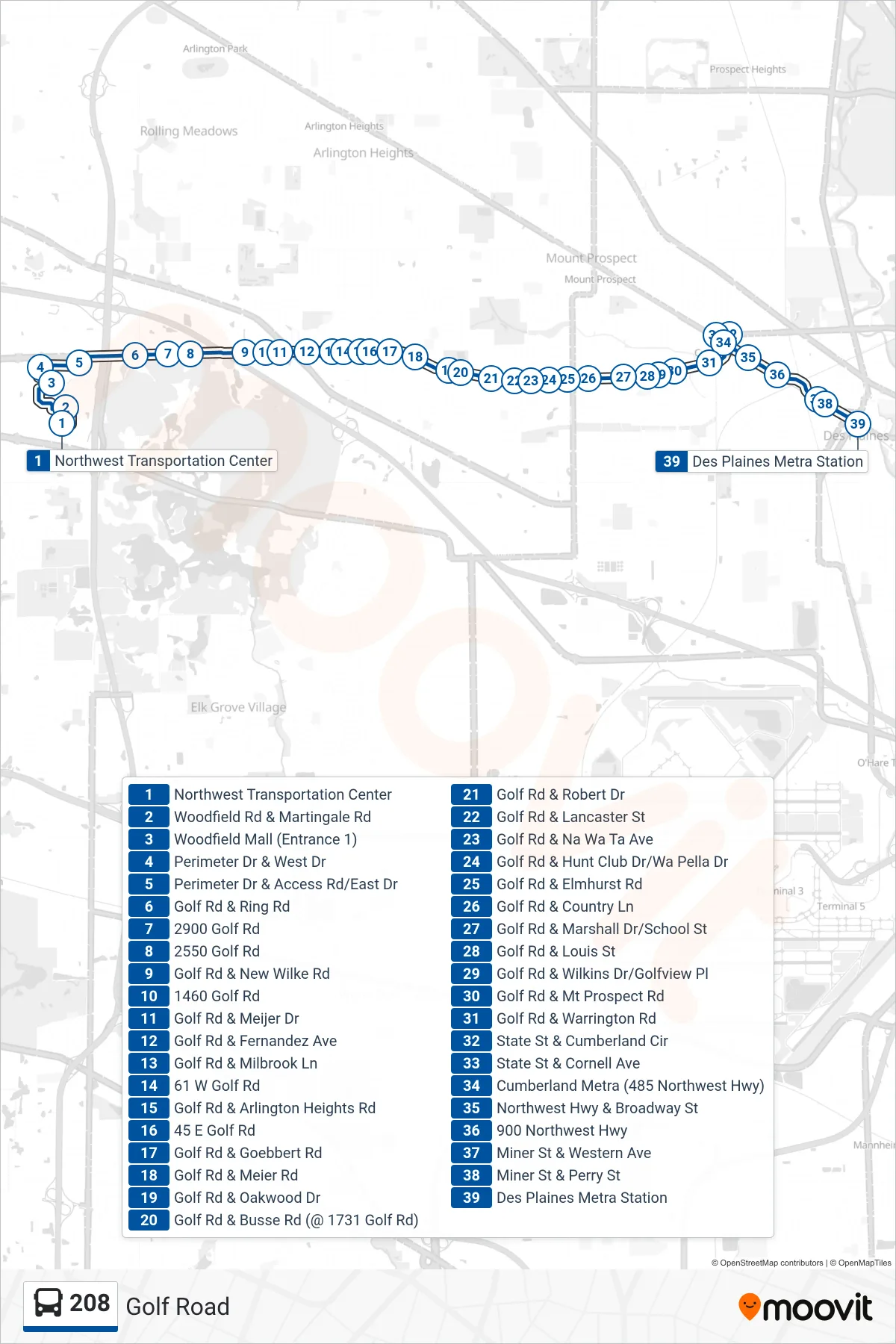 208 bus Line (Des Plaines Metra Station) route and stops on a map