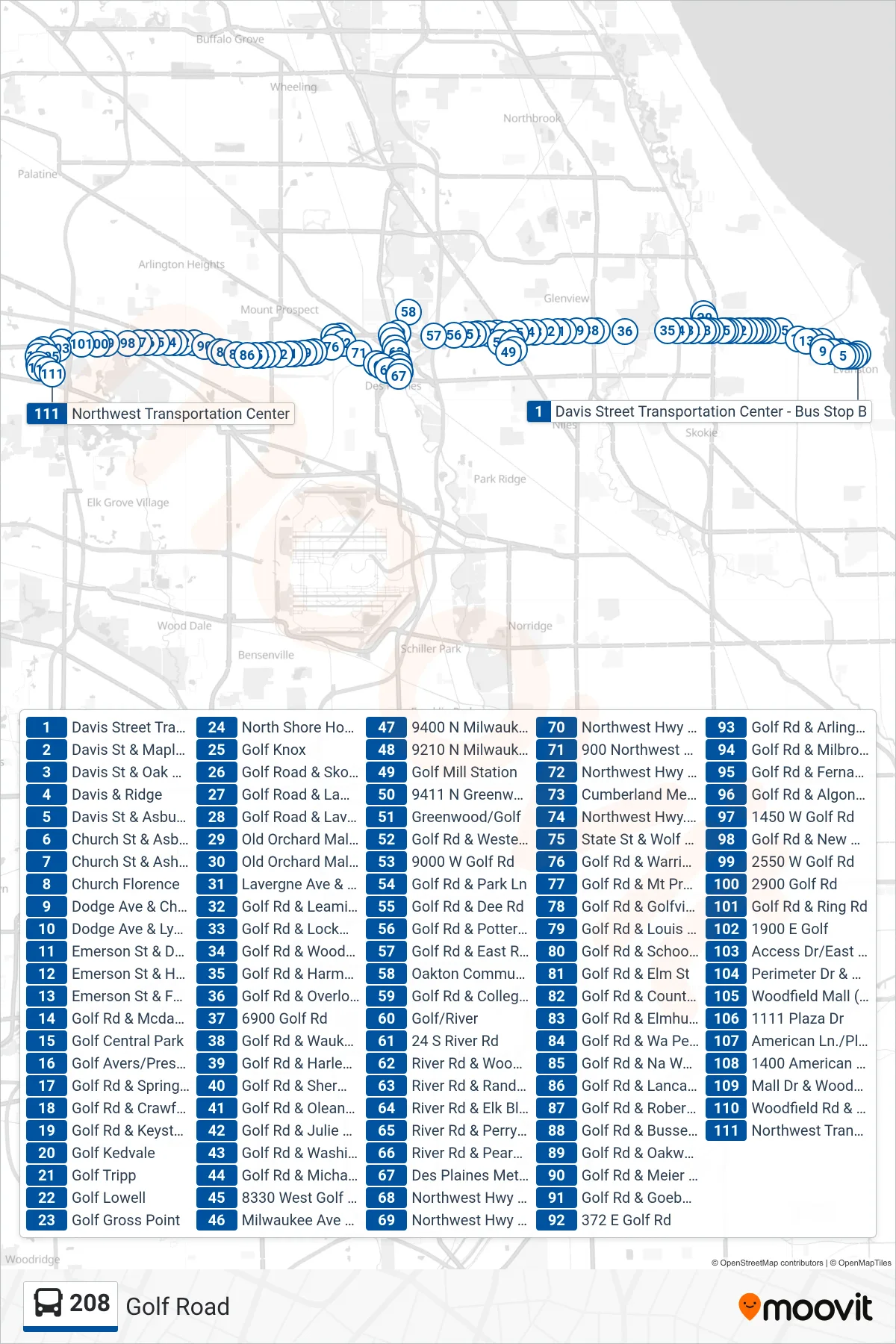 208 bus Line (Northwest Transportation Center) route and stops on a map