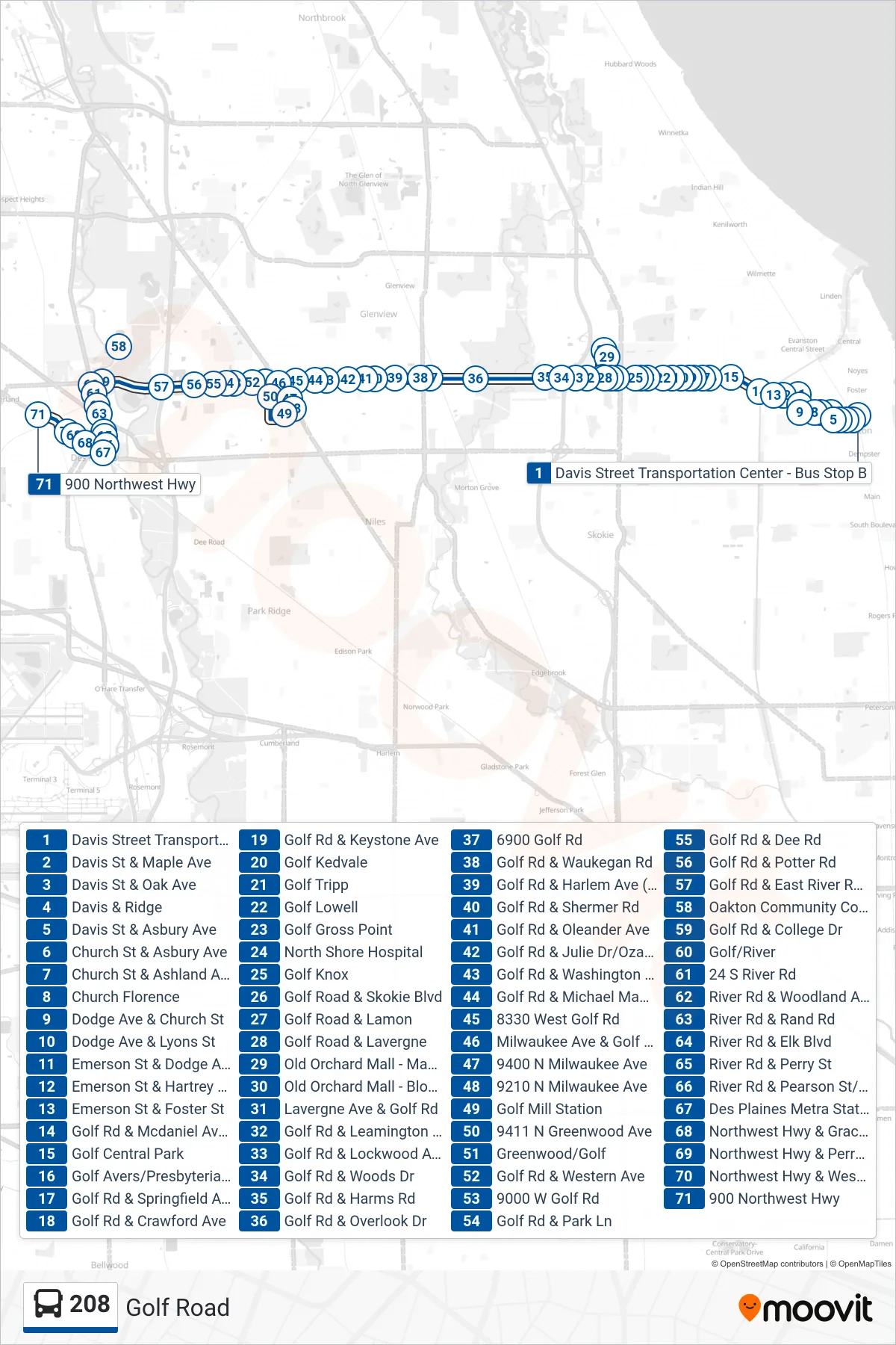 208 bus Line (900 Northwest Hwy) route and stops on a map
