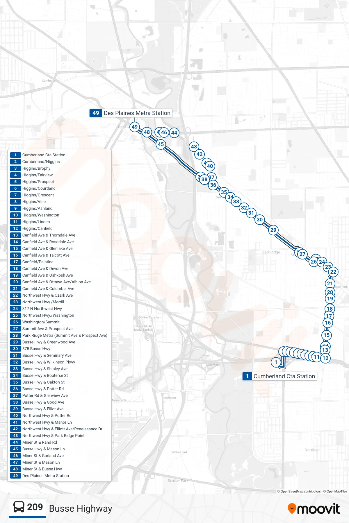209 bus Line (Des Plaines Metra Station) route and stops on a map