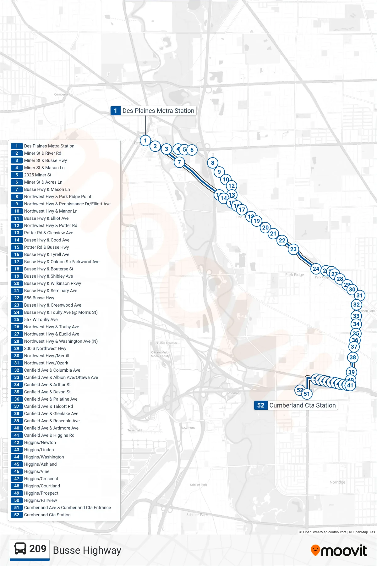 209 bus Line (Cumberland Cta Station) route and stops on a map